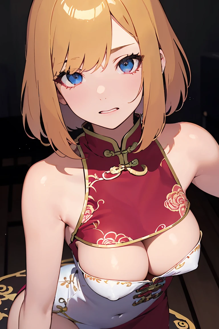 masterpiece, absurdres, best quality, ultra detailed, high Resolution, detailed illustration, bright colour, (extremely beautiful detailed face and eyes, Delicate beautiful face, 1 girl, cute face:1.3), (magenta eyes:1.1), sparkling eyes, big eyes, medium breasts, (perky breasts:1.1), (pointy breasts:1.1), medium hips, glamorous body, white skin, BREAK, long bob cut, (blonde hair:0.8), messy hair, detailed hair, shiny hair, BREAK (strapless China dress, Panties:1.5), perfect lighting, (embarrassed:1.5), (ecstasy, vulgarity:1.5), (trembling:0.8), China house, from above,