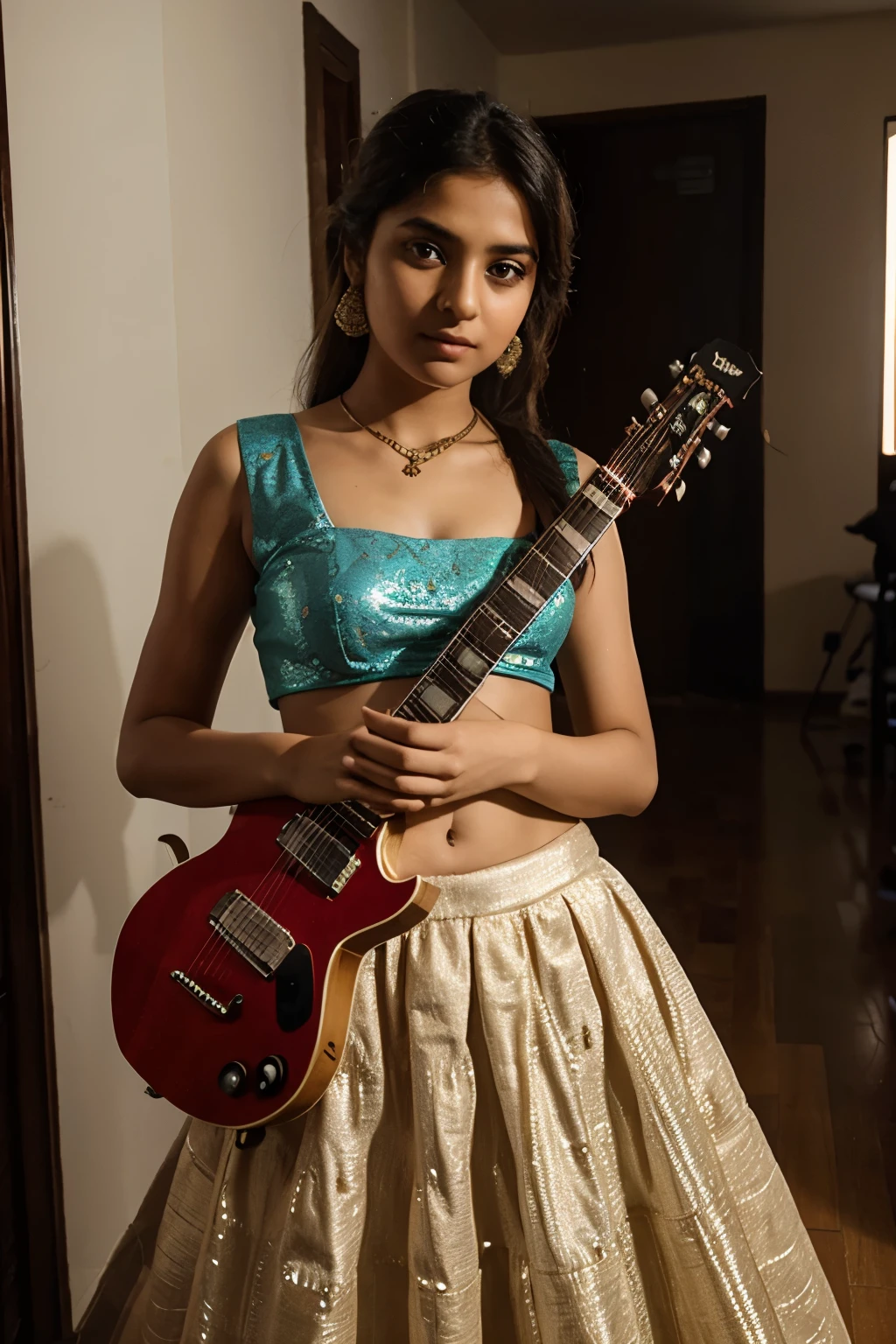 A girl in lehnga holding guitar 