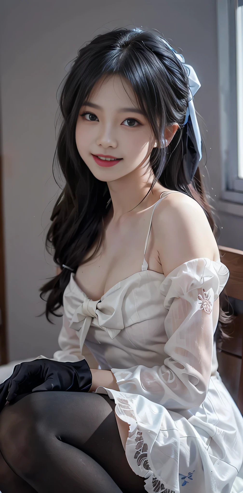 korean,realistic, masterpiece, final detail, photo realistic, intricate detail, octane rendering, 8K, 1Girl, full bodyperfect face, beautiful face, NSWF, trough reference, detail hair,, black bow, black gloves, black legs, blue eyes, blue hair, bow, collarbone, dress, drill hair, ruffles, ruffles, gloves, gwen, headdress, highres, long hair, parted lips, puffy sleeves, purple eyes, smile, solo, white dress, oil skin,