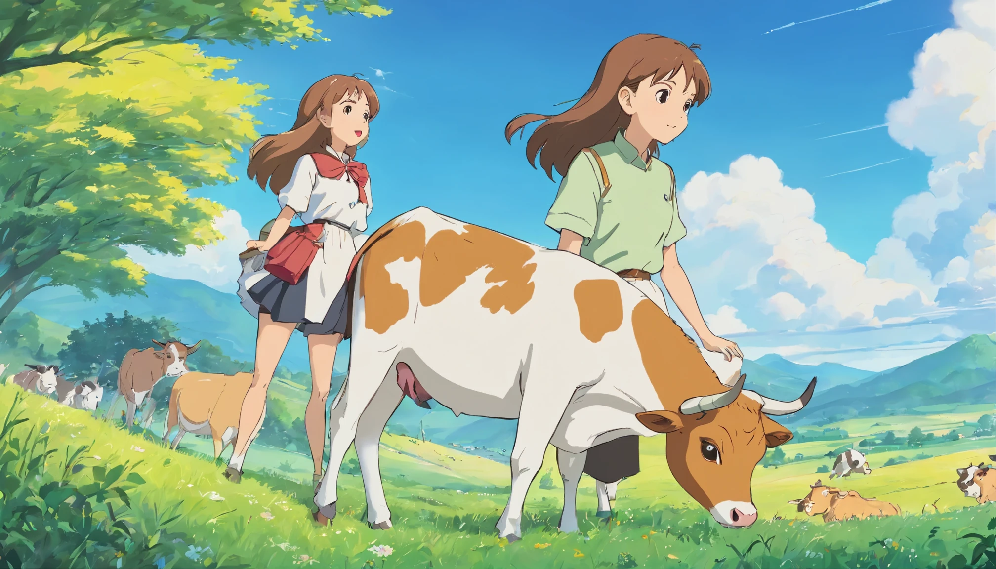 European retro style，pastures，There are cows in the distance，idyllic scenery，with blue sky and white clouds，the Sun Shining，A tranquil，Simple hand drawn，Retro picture book style，ultraclear，tmasterpiece