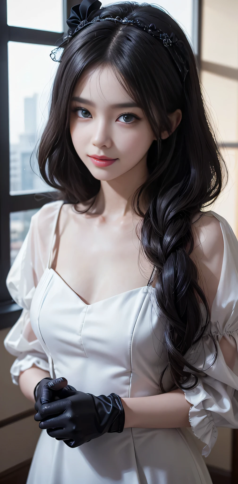 korean,realistic, masterpiece, final detail, photo realistic, intricate detail, octane rendering, 8K, 1Girl, full bodyperfect face, beautiful face, NSWF, trough reference, detail hair,, black bow, black gloves, black legs, blue eyes, blue hair, bow, collarbone, dress, drill hair, ruffles, ruffles, gloves, gwen, headdress, highres, long hair, parted lips, puffy sleeves, purple eyes, smile, solo, white dress, oil skin,