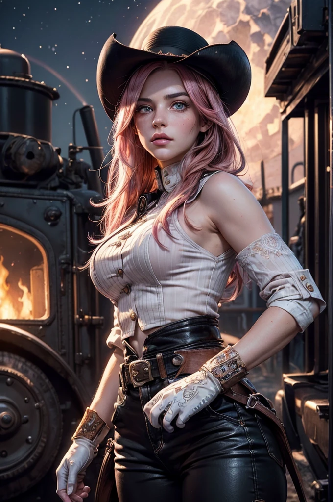 (masterpiece,stunning girlfriend, (standing:1.1), dynamic pose, heart shaped face, elegant face, beautiful face, highly detailed face, highly detailed skin, skin pores, subsurface tering, realistic pupils, looking at viewer, full lips, detailed background, depth of field, atmospheric perspective, volumetric lighting, sharp focus, absurdres, realistic proportions, good anatomy, (realistic, hyperrealistic:1.4), 16k hdr, neopolitan, neopolitan, long hair, brown hair, (brown eyes:1.3), brown eyes, pink eyes, (heterochromia:1.2), ((two-tone hair, split-color hair, pink hair, brown hair, multicolored hair)), BREAK gloves, hat, navel, detached sleeves, midriff, belt, pants, white gloves, black headwear, bowler hat, fighting pose, BREAK standing inside old steam train, night, stars, moon, post-apocalypse, dystopian future, london in ruins, big ben, crowd, (crowd in military uniforms), bonfires, BREAK looking at viewer, (cowboy shot:1.5), BREAK (masterpiece:1.2), best quality, high resolution, unity 8k wallpaper, (illustration:0.8), (beautiful detailed eyes:1.6), extremely detailed face, perfect lighting, extremely detailed CG, (perfect hands, perfect anatomy)