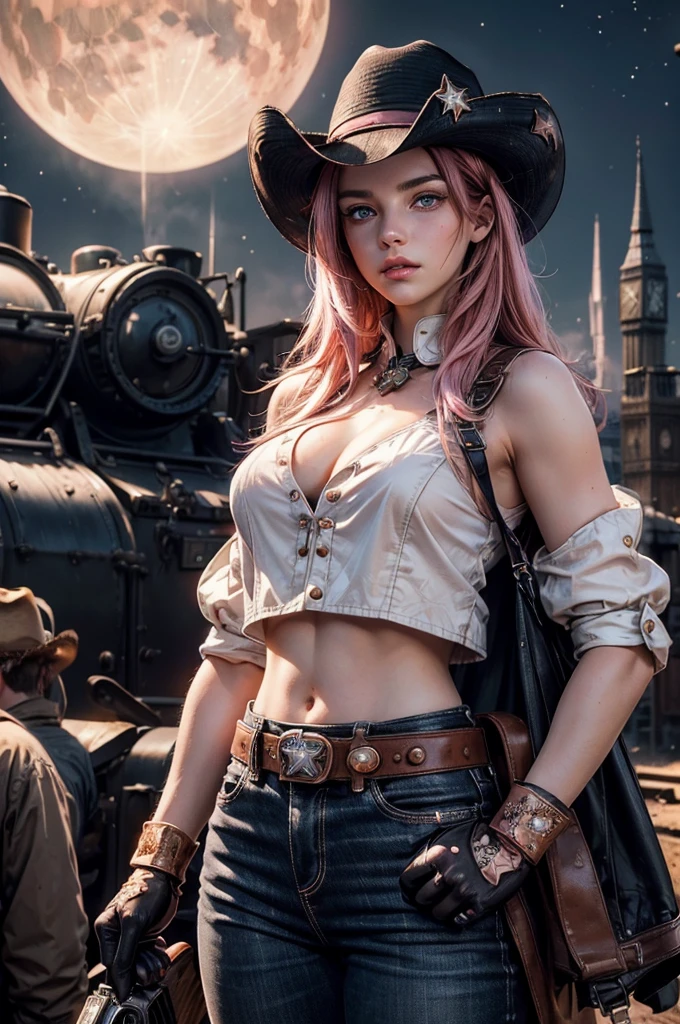 (masterpiece,stunning girlfriend, (standing:1.1), dynamic pose, heart shaped face, elegant face, beautiful face, highly detailed face, highly detailed skin, skin pores, subsurface scattering, realistic pupils, looking at viewer, full lips, detailed background, depth of field, atmospheric perspective, volumetric lighting, sharp focus, absurdres, realistic proportions, good anatomy, (realistic, hyperrealistic:1.4), 16k hdr,  neopolitan, neopolitan, long hair, brown hair, (brown eyes:1.3), brown eyes, pink eyes, (heterochromia:1.2), ((two-tone hair, split-color hair, pink hair, brown hair, multicolored hair)), BREAK gloves, hat, navel, detached sleeves, midriff, belt, pants, white gloves, black headwear, bowler hat, fighting pose, BREAK standing inside old steam train, night, stars, moon, post-apocalypse, dystopian future, london in ruins, big ben, crowd, (crowd in military uniforms), bonfires, BREAK looking at viewer, (cowboy shot:1.5), BREAK (masterpiece:1.2), best quality, high resolution, unity 8k wallpaper, (illustration:0.8), (beautiful detailed eyes:1.6), extremely detailed face, perfect lighting, extremely detailed CG, (perfect hands, perfect anatomy)