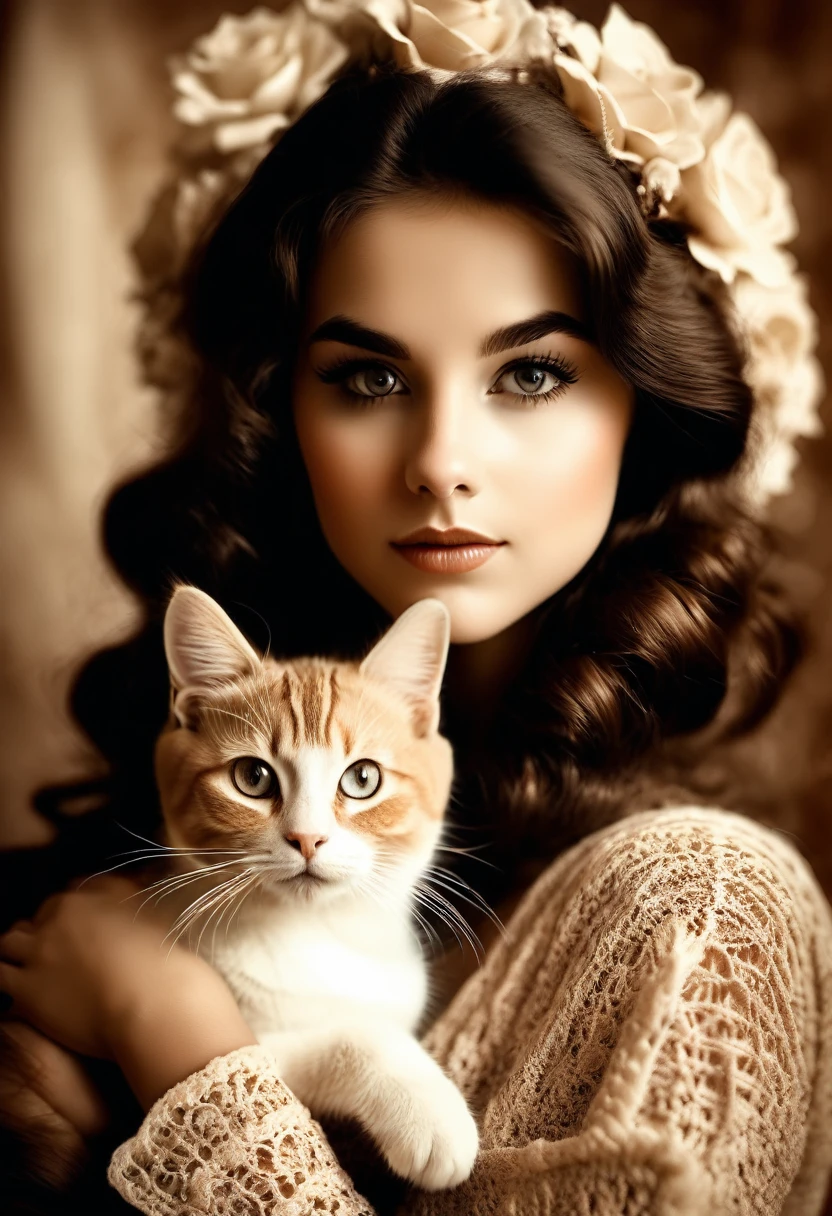 Girl with Cat, A girl with a cute kitten,sepia toned photography,beautiful detailed eyes,beautiful detailed lips,extremely detailed eyes and face,long eyelashes,vintage style,crochet flowers,1967,soft lighting,warm color palette,film grain effect,bokeh background,natural tones,nostalgic mood