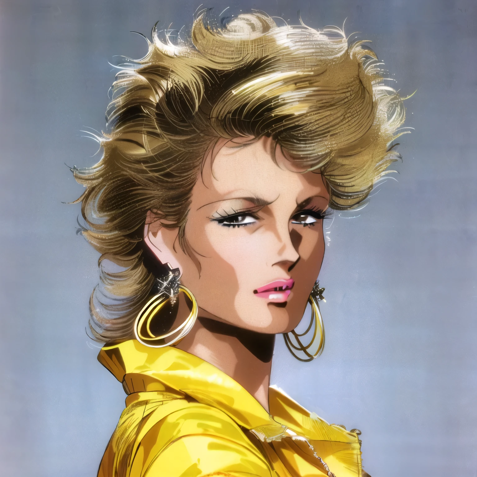 blond woman with a bright yellow jacket and big hoop earrings, 8 0's hairstyle, 80s hair, 1 9 8 0 s hairsprayed hair, eighties-pinup style, eighties pinup style, eighties look, 8 0 s haircut, 1 9 8 0 s woman, 8 0 ’ s portrait, 80s style, 8 0 s style