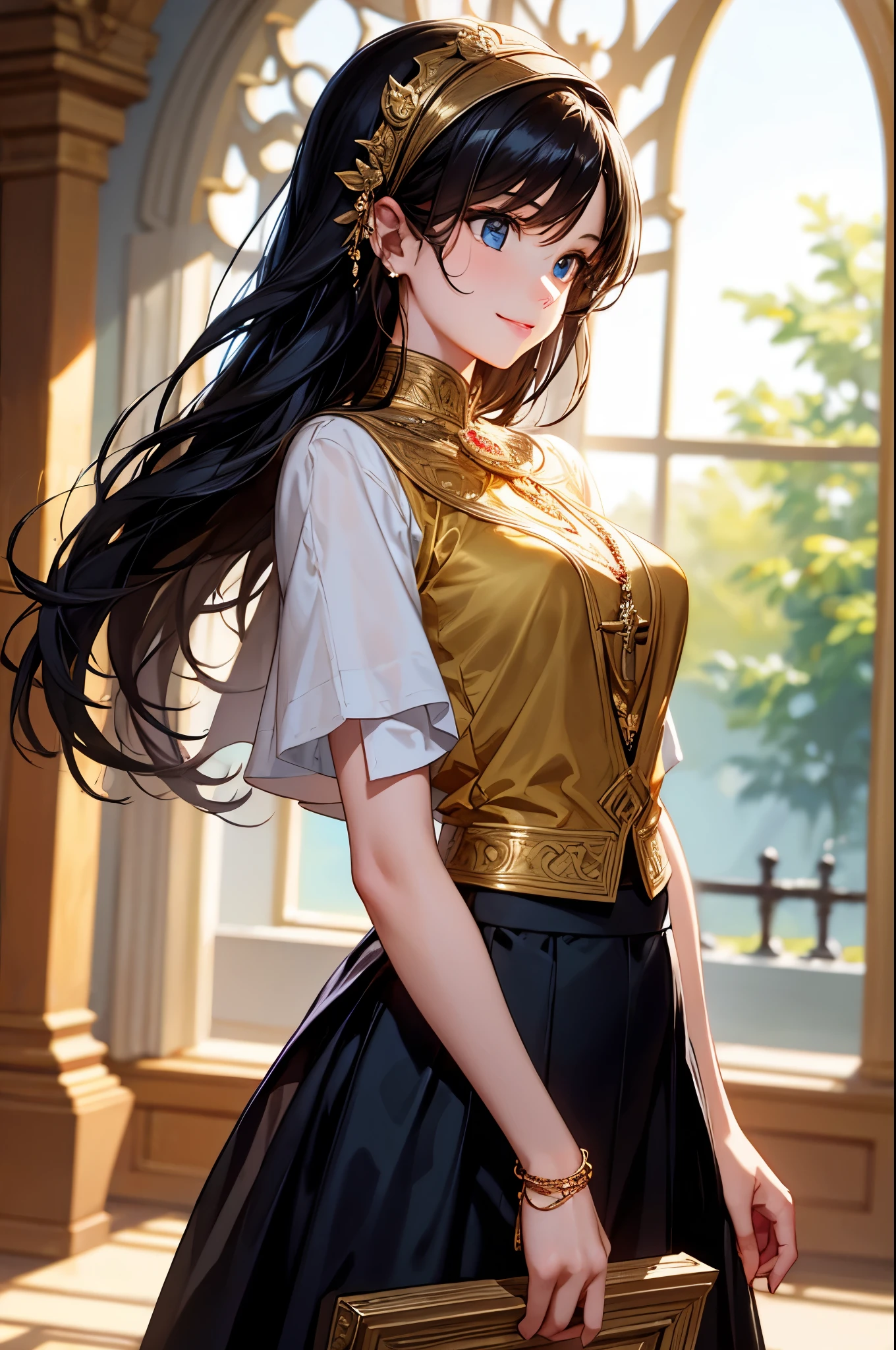 Apsara, a handsome young man with a sharp face and radiant skin. pitch black eyes Full of intelligence and gentleness Light pink thin lips Smiling brightly, her hair is thick and black, and she wears it in a shoulder-length student hairstyle. Slim figure, proportionately tall, broad shoulders, slender arms, dressed in traditional Thai clothing, consisting of:
shirt: shirtสีขาวแขนยาว คอตั้ง ปักลายไทยสีทองประณีต
กางเกง: Dark brown pants, wide legs, pleated, jong.: A dark brown thong worn over pants and a belt.: Golden silk belt, embroidered with Thai patterns, Prakong cloth: white support cloth Embroidered Thai pattern in gold color Wear it over the left shoulder. decorations: wearing a gold necklace decorated with gems, wearing a gold ring, gesture:
Stand up straight, valiant and elegant, your eyes look determined and confident, your smile is full of charm and charm, your demeanor is polite and gentle.:
On Apsara's right arm There is a thin white cloth. Wrapped neatly around the arm, this thin cloth may be an ornament or a symbol of some kind.