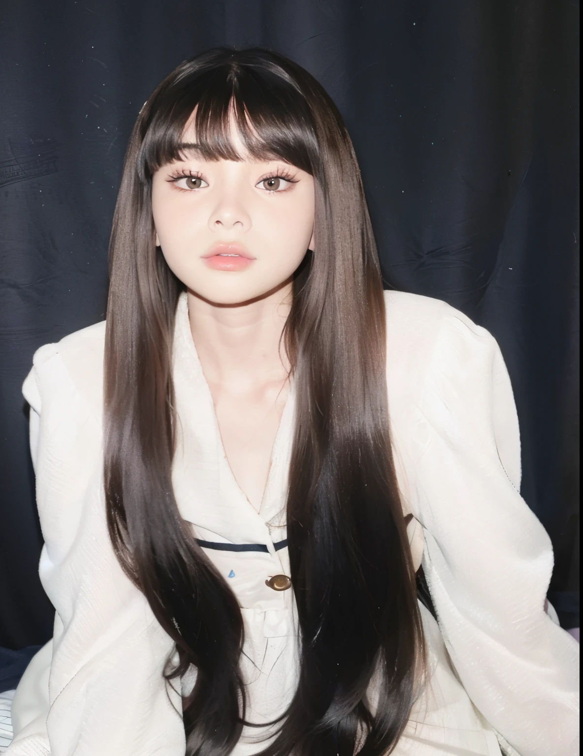 Arafed woman with long hair sitting on bed., Jenny Pink Black, hime cut, Imposter, Larisa Manoval, long hair Imposter completo, Imposter completo, Larissa Manoban of Blackpink, long hair Imposter, Josh de Blackpink, portrait of Josh de Blackpink, long, straight bangs, she has black hair Imposter