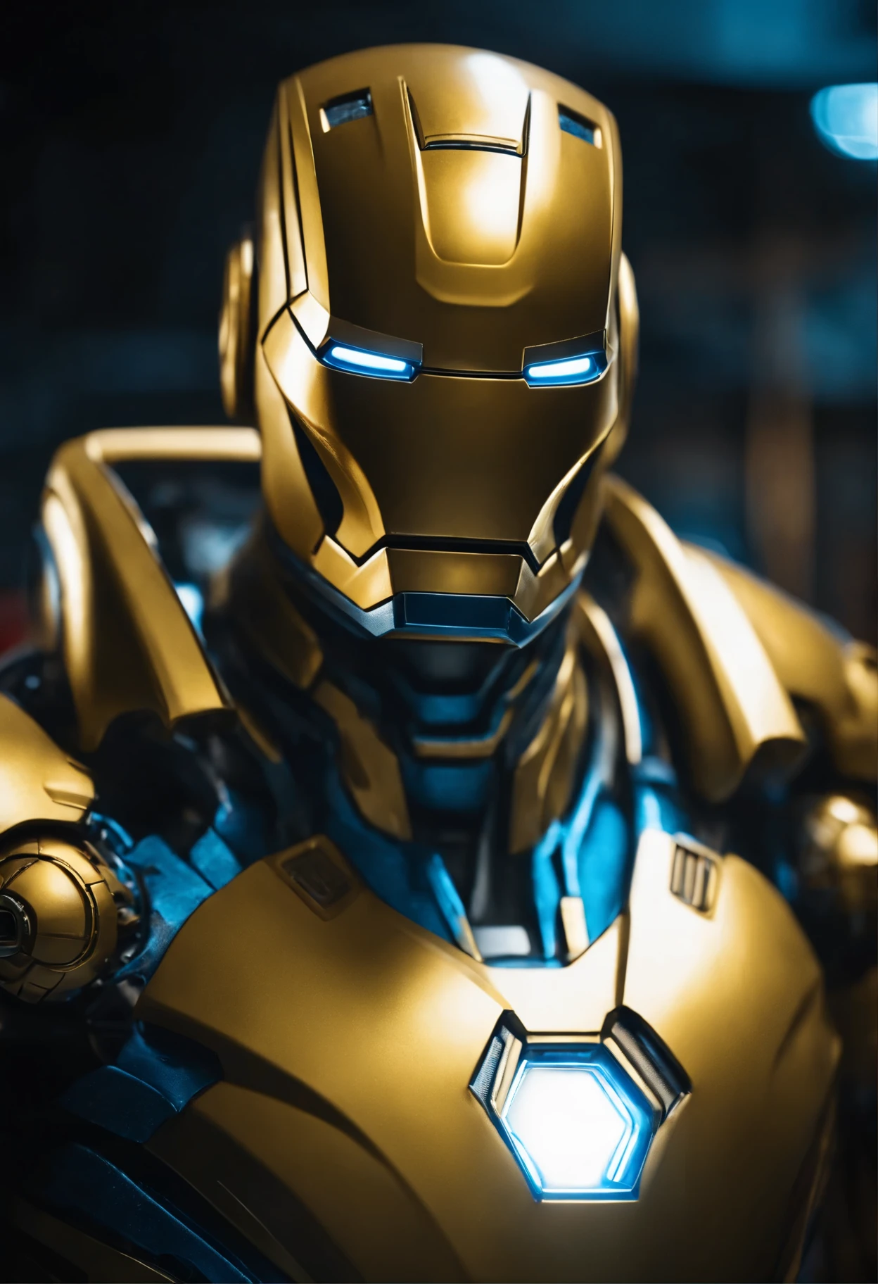 a highly detailed yellow iron man, beautiful detailed eyes glowing bright blue, intricate metal shell with complex textures and decorations, cinematic dramatic lighting, hyper realist