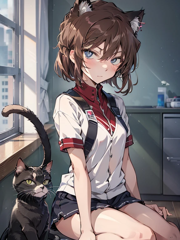 Haibara Ai, girl, brown hair, Cat ear, cat tail, UHD, retina, masterpiece, anatomically correct, textured skin, high details, best quality, 三毛Cat、Cat、Cat