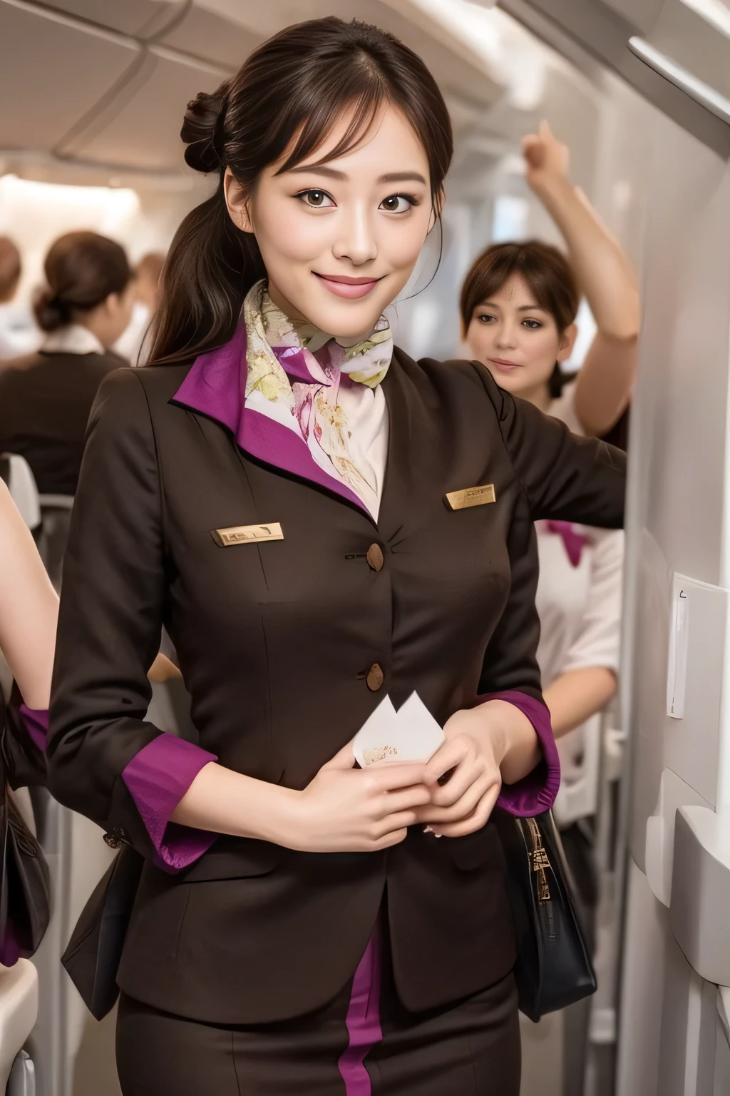 (masterpiece:1.2、highest quality:1.2)、32K HDR、High resolution、(alone、1 girl、Slim figure)、(A realistic reproduction of the ETIHAD Airways Cabincrew Uniform)、 (On board, Professional Lighting)、A proper woman, Beautiful Face,、(Long sleeve ETIHAD Airways Cabincrew Uniform)、(ETIHAD Airways Cabincrew Uniform skirt with purple stripe on the front)、(scarf on chest)、Big Breasts、(Long Hair Up、Hair Bun)、Dark brown hair、Long Shot、((Great hands:2.0))、((Harmonious body proportions:1.5))、((Normal limbs:2.0))、((Normal finger:2.0))、((Delicate eyes:2.0))、((Normal eyes:2.0)))、Beautiful standing posture、smile、Hands folded underneath