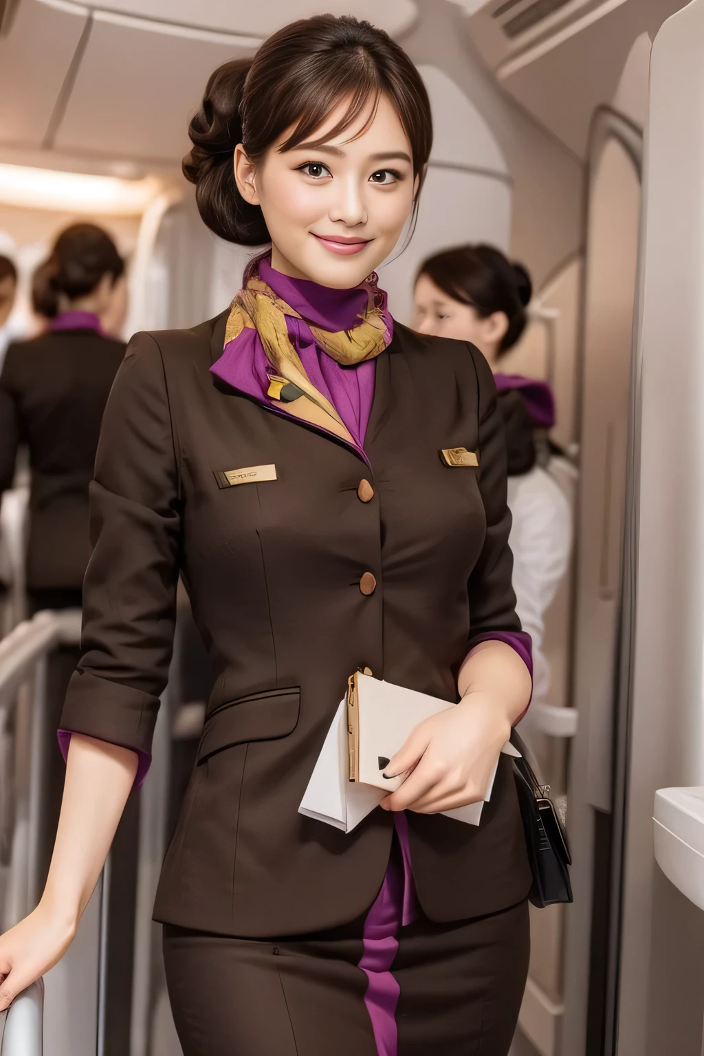 (masterpiece:1.2、highest quality:1.2)、32K HDR、High resolution、(alone、1 girl、Slim figure)、(A realistic reproduction of the ETIHAD Airways Cabincrew Uniform)、 (On board, Professional Lighting)、A proper woman, Beautiful Face,、(Long sleeve ETIHAD Airways Cabincrew Uniform)、(ETIHAD Airways Cabincrew Uniform skirt with purple stripe on the front)、(scarf on chest)、Big Breasts、(Long Hair Up、Hair Bun)、Dark brown hair、Long Shot、((Great hands:2.0))、((Harmonious body proportions:1.5))、((Normal limbs:2.0))、((Normal finger:2.0))、((Delicate eyes:2.0))、((Normal eyes:2.0)))、Beautiful standing posture、smile、Hands folded underneath