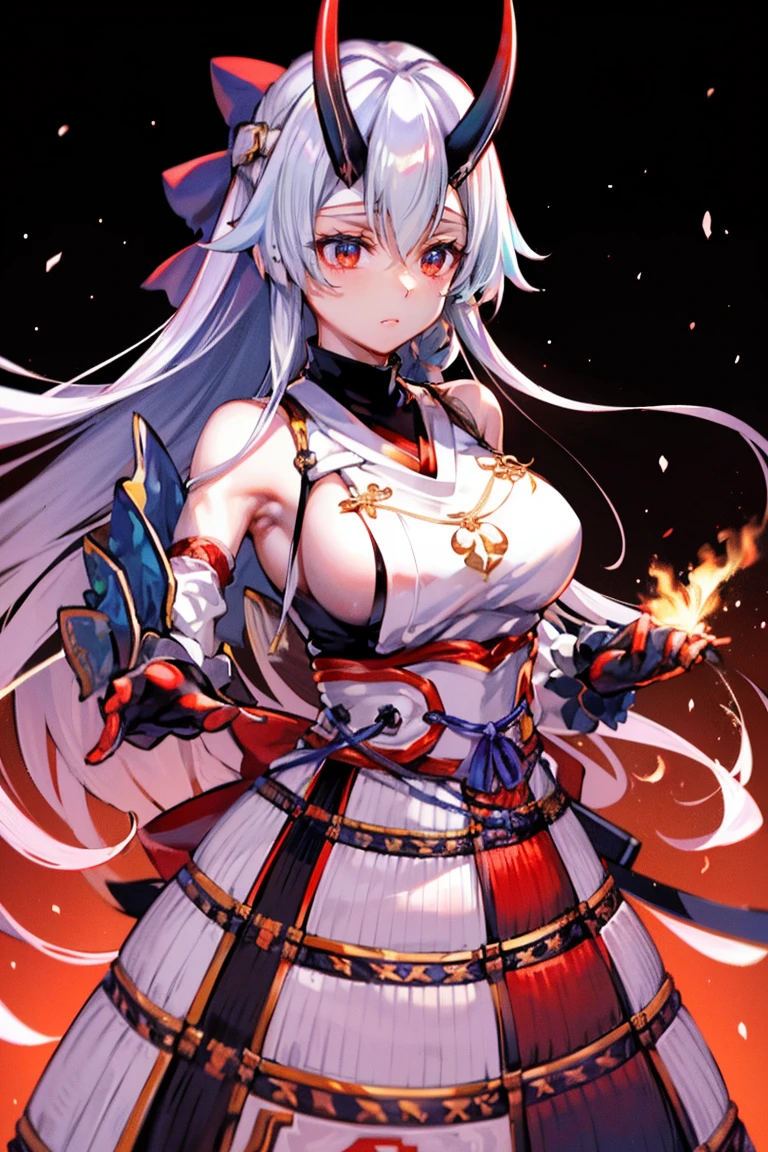 masterpiece,best quality,1girl,tomoe gozen \(fate\),DefaultArcher,FirstOutfit,standing,looking to the side,serious,(flames),red background,<lora:FGOTomoeV1:0.8>,