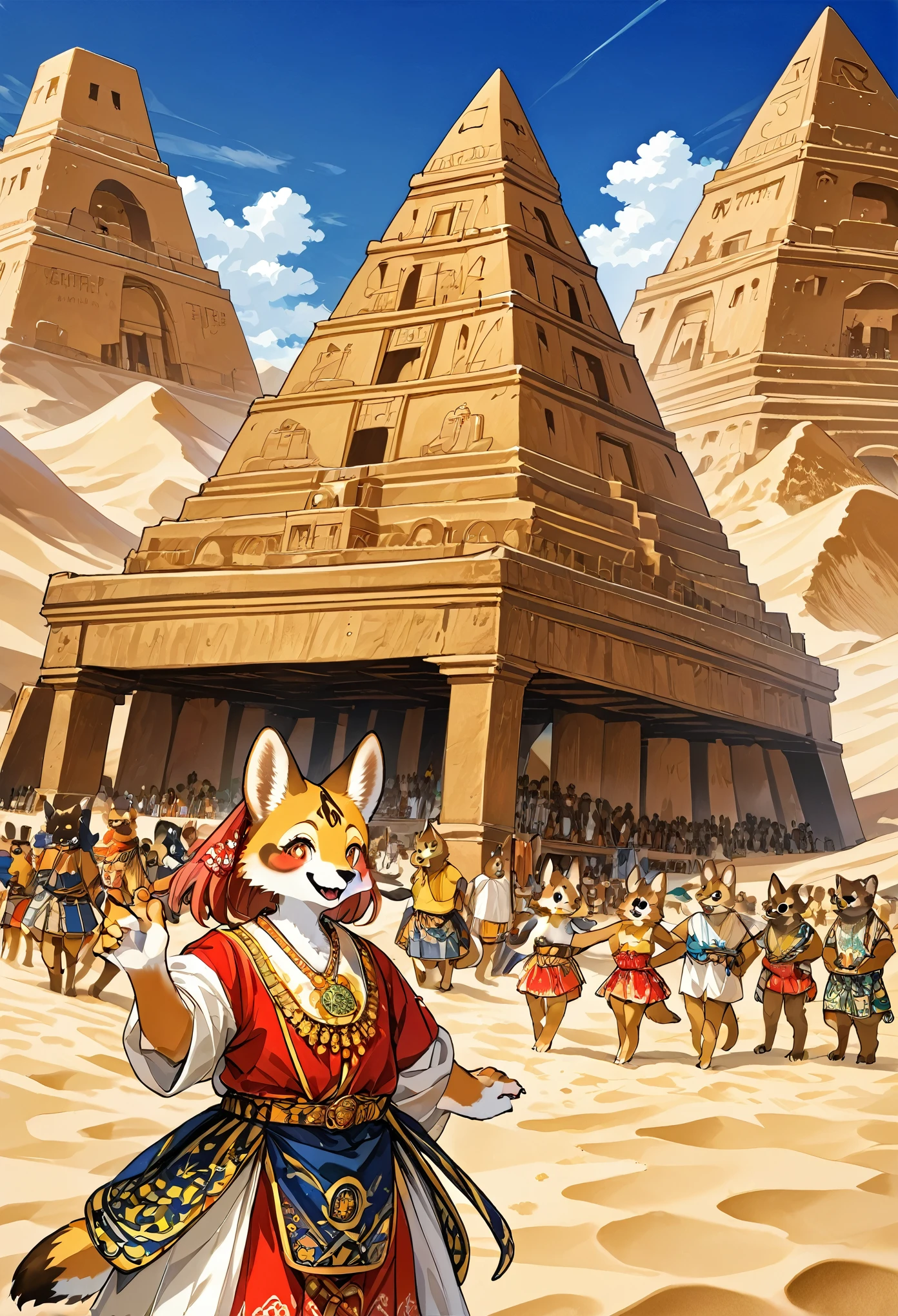 top quality, best quality, High-quality illustrations, masterpiece, super high resolution, detailed background, detailed background, desert, sand dunes, pyramid, Traditional costumes, boys, girls, Happy, joyful, absurdres(highly detailed beautiful face and eyes)perfect anatomy(kemono, furry anthro),