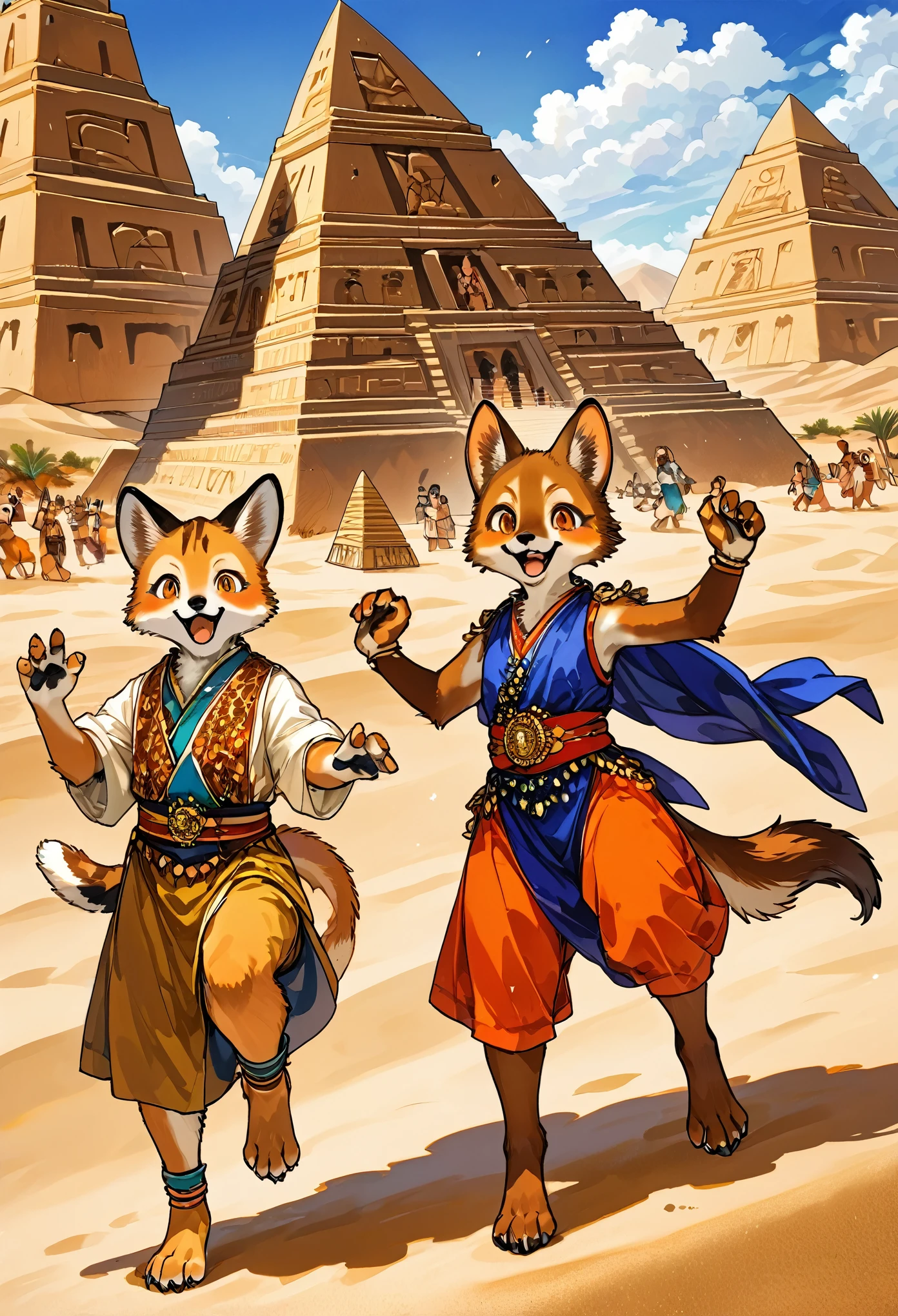 top quality, best quality, High-quality illustrations, masterpiece, super high resolution, detailed background, detailed background, desert, sand dunes, pyramid, Traditional costumes, boys, girls, Happy, joyful, absurdres(highly detailed beautiful face and eyes)perfect anatomy(kemono, furry anthro),