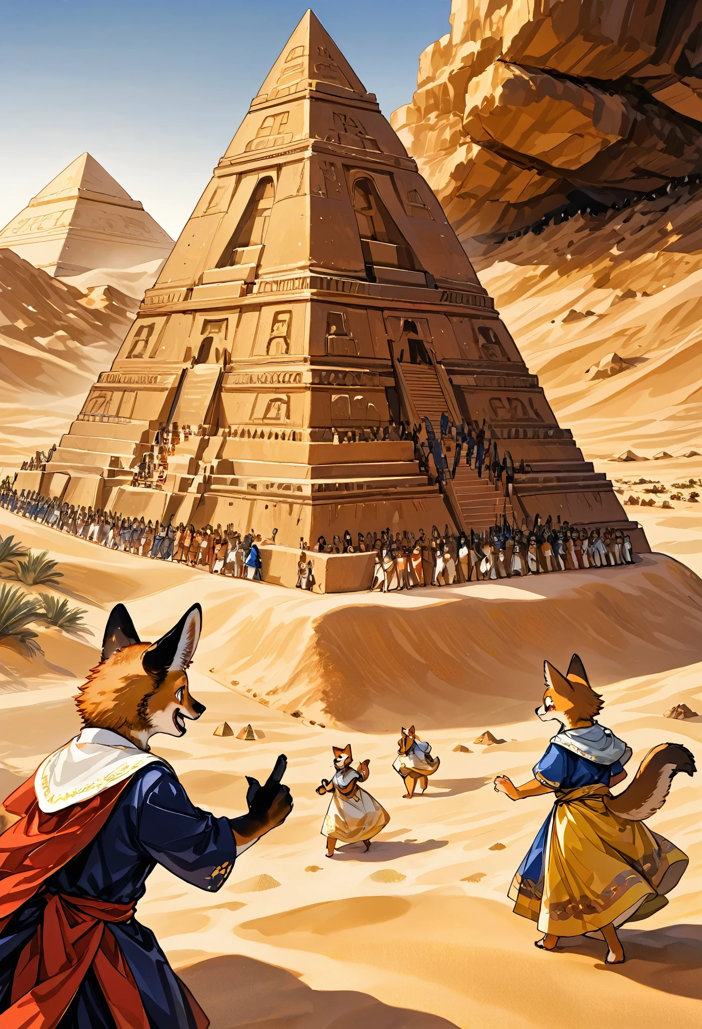 top quality, best quality, High-quality illustrations, masterpiece, super high resolution, detailed background, detailed background, desert, sand dunes, pyramid, Traditional costumes, boys, girls, Happy, joyful, absurdres(highly detailed beautiful face and eyes)perfect anatomy(kemono, furry anthro),