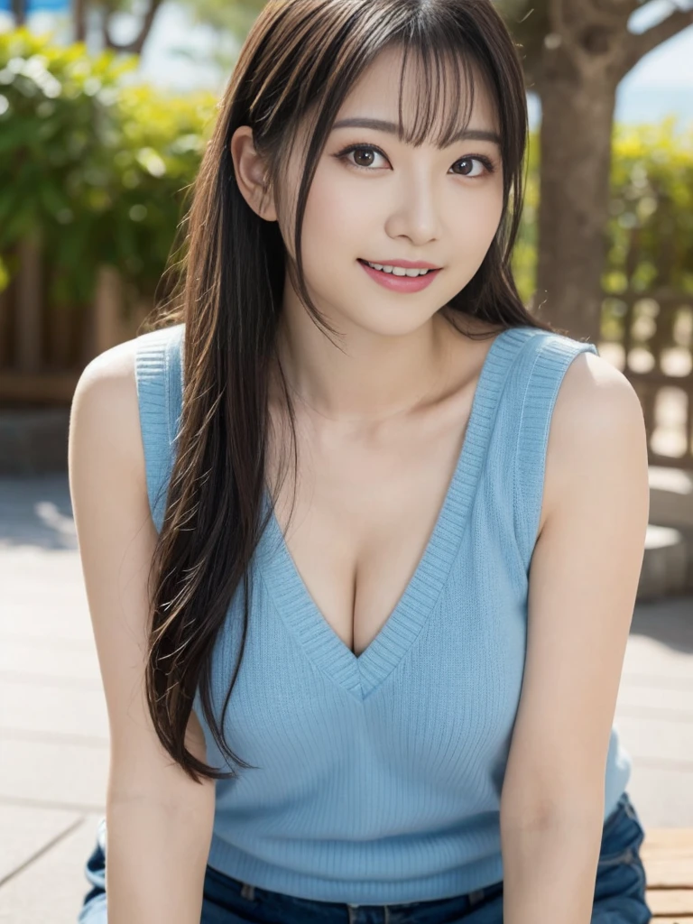 Tabletop, highest quality, Photorealistic, In detail, High resolution, 8k wallpaper, Perfect dynamic composition, Beautiful fine details, Medium Hair,Random sexy poses,Put your chest close、Sleeveless knit)、Beautiful breasts、Laughter、Open your mouth、Resort scenery、Age 25、(Droopy Eyes 1.4)、Adult Beauty、Beautiful Japanese、