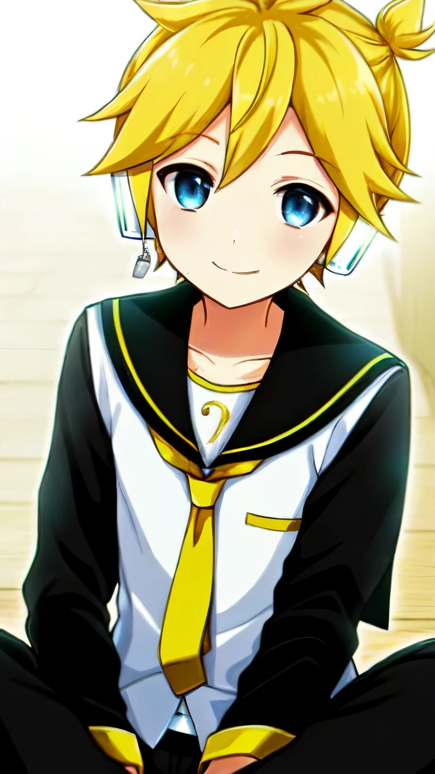 one boy, Kagamine Len, blue eyes, sailor collar, head set, black sleeve, close to boy, smile cutely, look at me, short hair, short pants, blond hair, cool, sitting