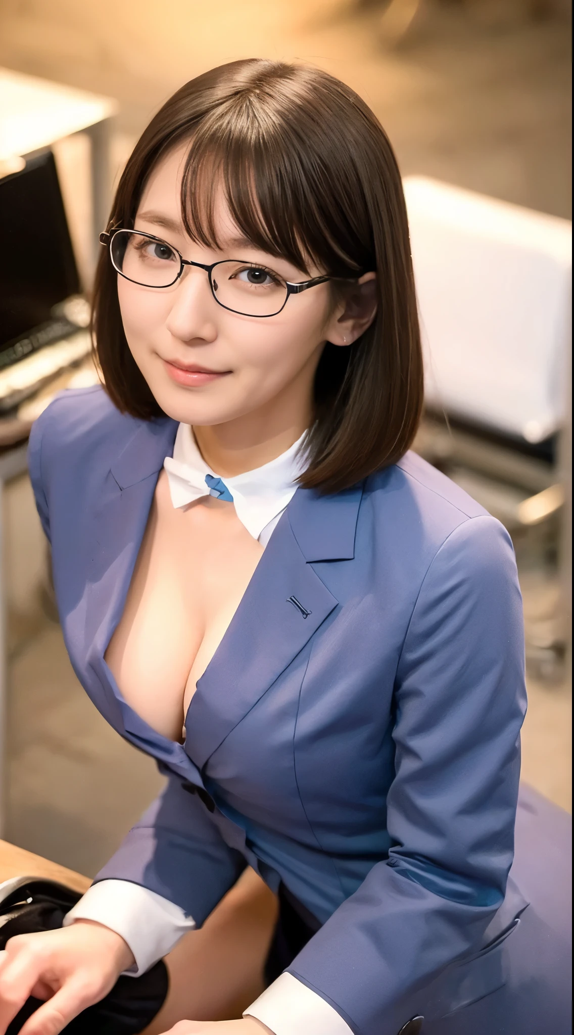 1 female,beauty,Small glasses,Beautiful Face,smile,Crouch down and observe the audience,office lady,Wearing a suit,A dignified appearance,Perfect Style,(topless:1.3),Cleavage,Focus on the chest,,View from above,Front view,Ultra-realistic,Ultra-high resolution,highest quality,8k,masterpiece