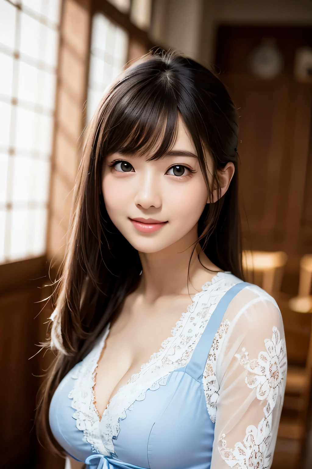 brightexpression、photorealistic stick:1.32、highest quality、超A high resolution、Photos of the most beautiful Japan girls、cute and beautiful face details、small face、(Pueros face_V1:0.008)、Beautiful bangs、18 years old、Brilliant white skin、hair gets tangled in face、Bangs that reach down to the face、bangs、hair between eyes、super long hair、charming brown silky hair、bright、Clear light blue eyes shine charmingly、ample breasts、Dynamic poses highest quality、disorganized、((the cutest girl in the world))、Japanese、18 years oldの女の子、Cafe、((lace dress:1.3))、(half up hair:1.3)、(tie with a thin ribbon)、nice and cute、innocent smile、nice smile、cleavage、(big breasts:1.3)、ponytail、brown hair、thin waist、detailed beautiful eyes、face forward、Upper body、close up of face、Front view、