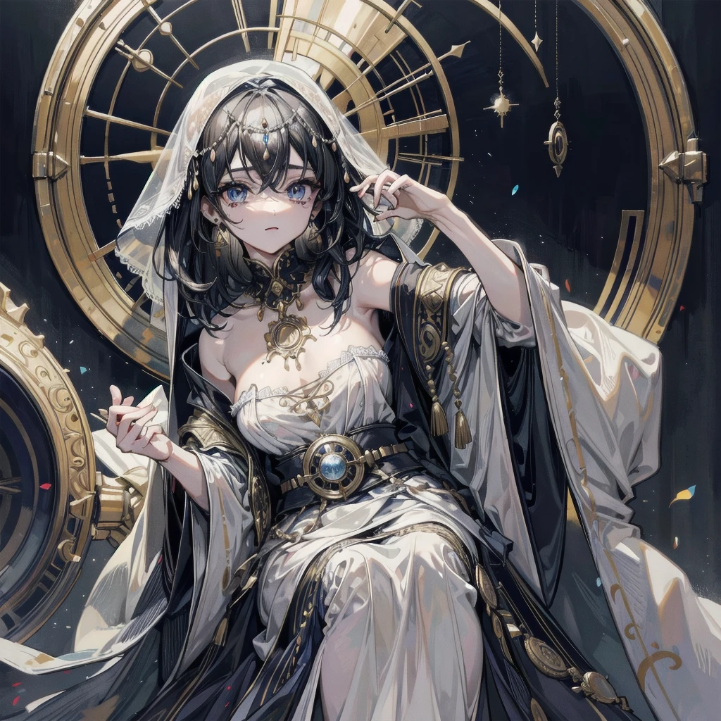 absurdres, RAW photo, extremely delicate, extremely beautiful, masterpiece, Best Quality, ultra high resolution, 32k, hyperrealistic, ultra-detailed description, perfect anatomy, correct body, ideal ratio of body proportions, pale skin, 20 years old, detailed beautiful face, detailed beautiful face eyes, tearful mole, earring, medium long hair, black hair, tits, whole body shot, intricate ornate costume, poncho, a magical occult fortune teller's mansion, old antique furniture, crystal ball, tarot cards, candlelight,