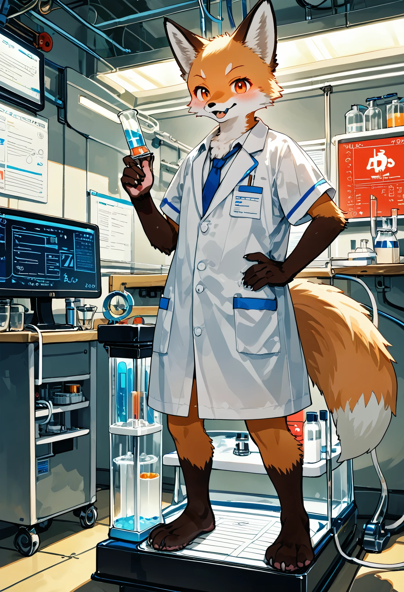 top quality, best quality, masterpiece, super high resolution, detailed background, laboratory, absurdres, perfect anatomy(handsome 1boy, kemono, solo focus, labo coat)(furry anthro, Furry body, fox facial features, fox body features)(very detailed body fur)full body, holding test tube,