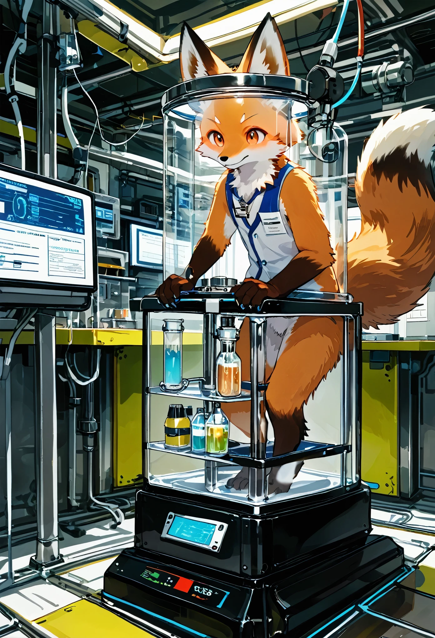 top quality, best quality, masterpiece, super high resolution, detailed background, laboratory, absurdres, perfect anatomy(handsome 1boy, kemono, solo focus, labo coat)(furry anthro, Furry body, fox facial features, fox body features)(very detailed body fur)full body, holding test tube,