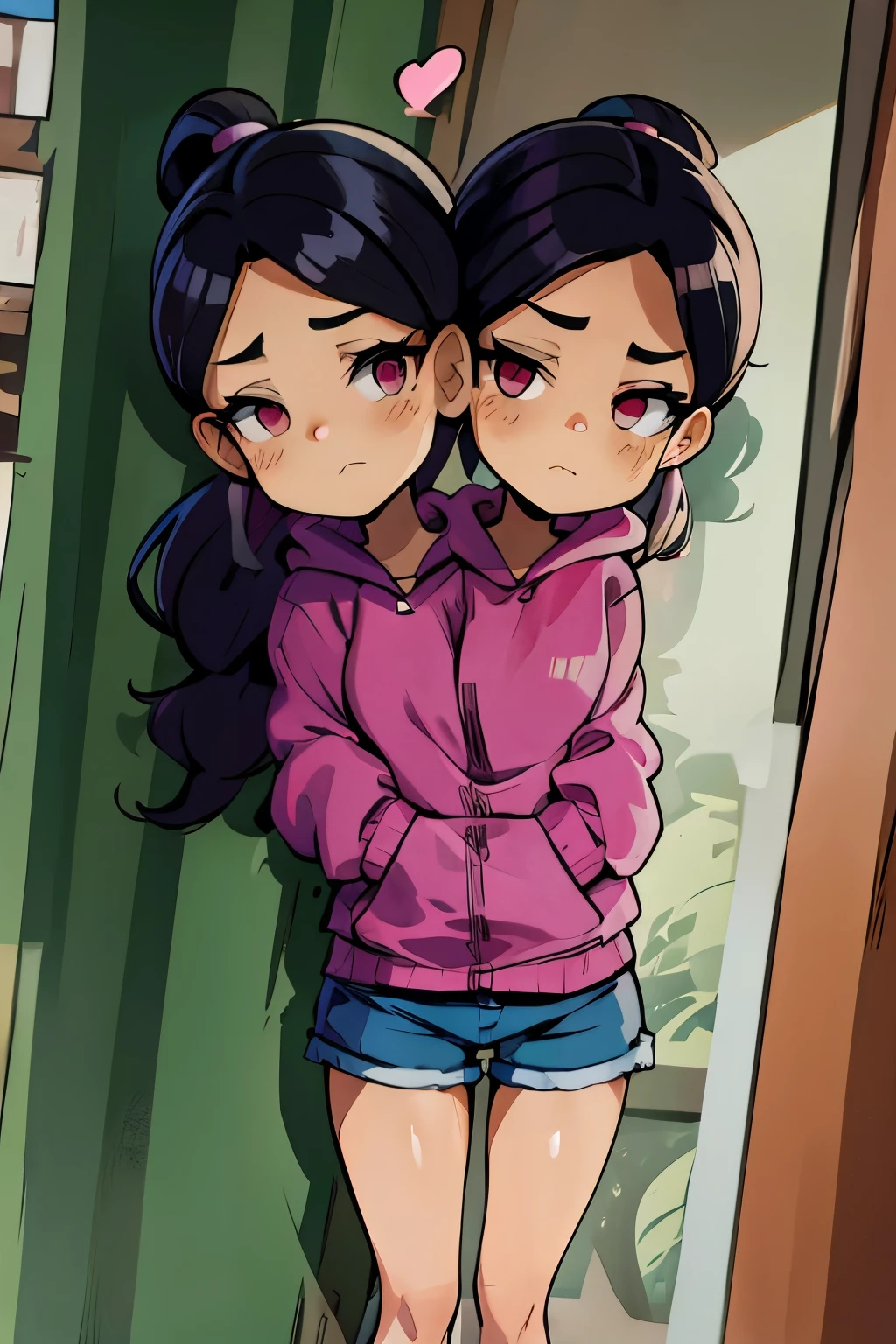 conjoined, 2heads, girl with two heads instead of one, 2head, cuerpo curvilineo, brazos curvilineos, usando shorts, ropa abrigada, piernas curvilineas, anime cartoon, using a purple hoodie, each head has a ponytail, anatomia proporcionada, torso ancho, pechos medianos
