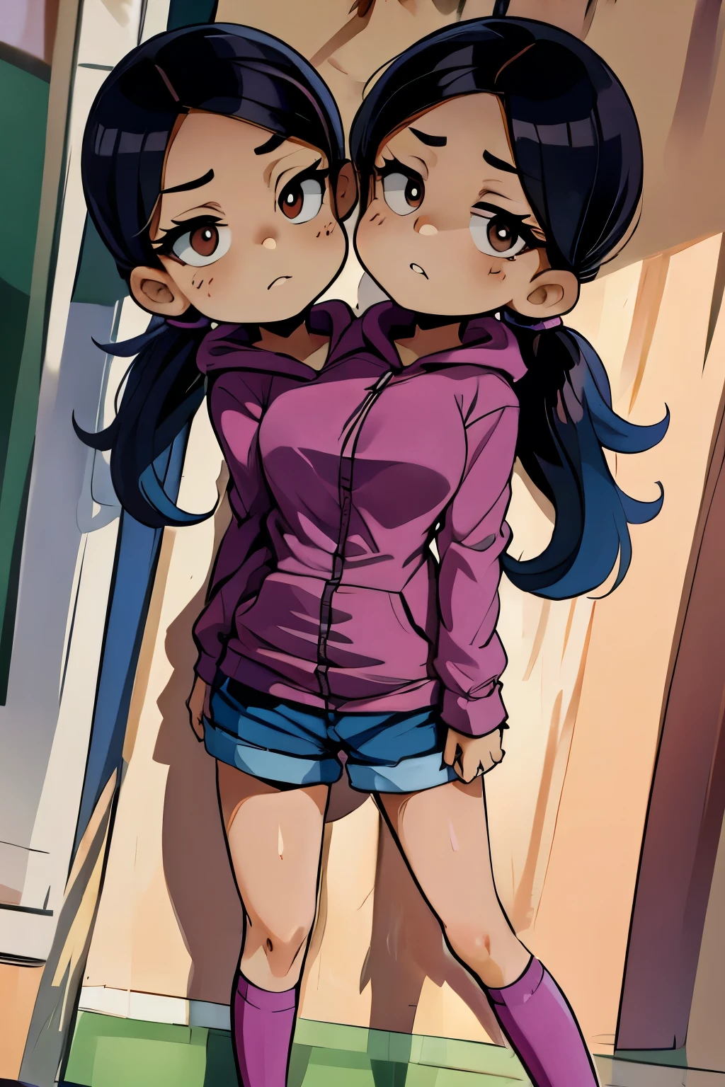 conjoined, 2heads, girl with two heads instead of one, 2head, cuerpo curvilineo, brazos curvilineos, usando shorts, ropa abrigada, piernas curvilineas, anime cartoon, using a purple hoodie, each head has a ponytail, anatomia proporcionada, torso ancho, pechos medianos
