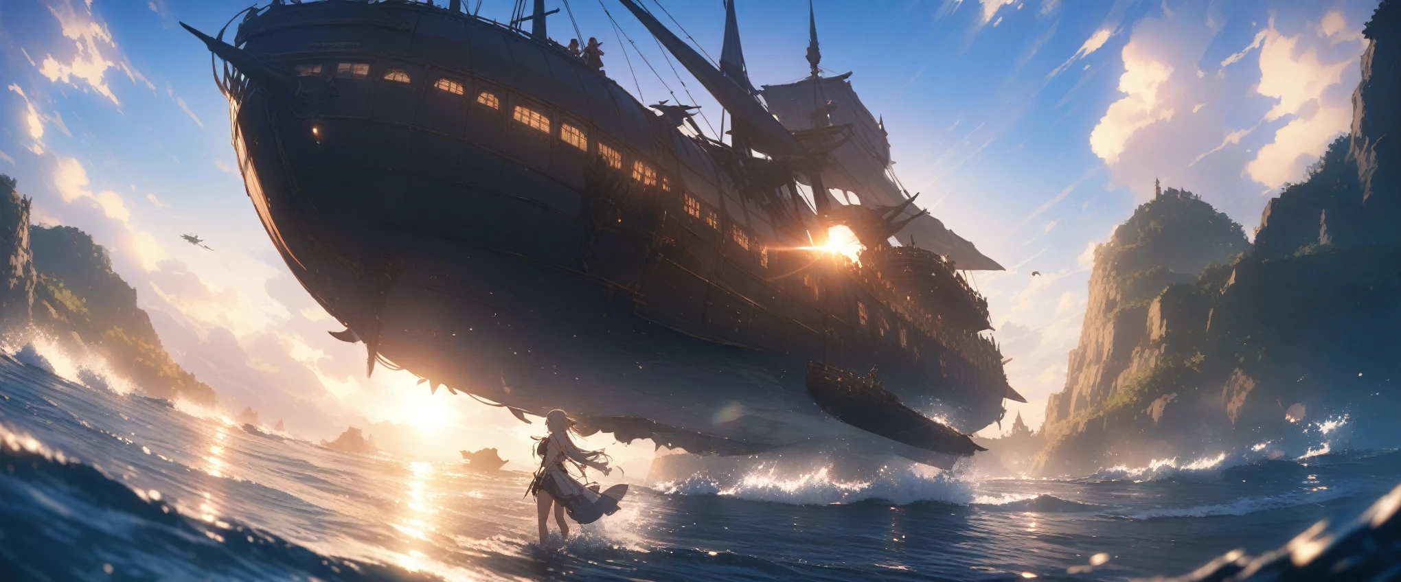 anime,depth of field, cinematic lighting, lens flare, f/1.2,(masterpiece:1.2),(high definition),summer、blue sky,(1People Girls)、(Behind her is an airship taking off from the sea.)、(Propeller-driven airship),Medieval fantasy worldview、Ultra-detailed
