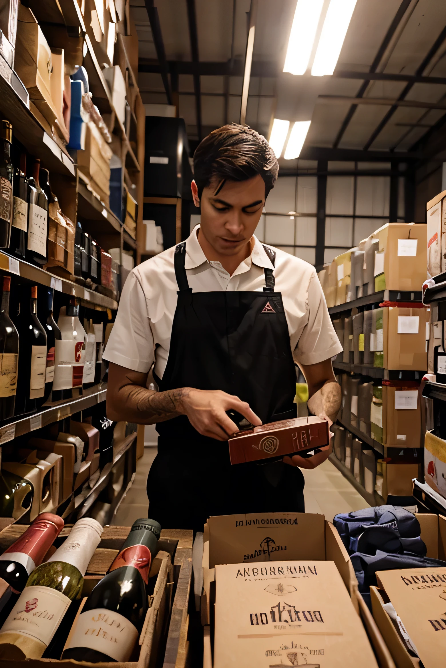 An order picker, male, working in a well-organized huge wine warehouse, surrounded by bottles of wine on wooden racks. The order picker is wearing work clothes, while collecting a box of wine bottles. The warehouse is brightly lit, and the atmosphere is professional and efficient
