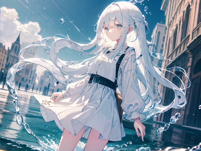 (Background), Masterpiece, Best Quality,illustartion, wallpapers, ultra detail, absurdress, 1girl, solo, (fluid hair:1.2), beautiful detail eyes,
Bangs, Cowboy shot, Long hair, magical girl, white colored hair, waves,  water,  water drop, looking at the side, Wading, 
(Street:1.5),  Sun, cloudy sky,