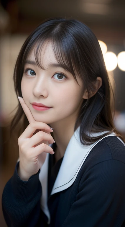 1 Nogizaka Musume, Very cute, a beauty girl, , Beautiful face, eyes and skin with exquisite detail, Detailed black hair, Smile at the camera, cowboy  shot, the way from school to home, profetional lighting, BREAK, (realisitic, Photorealsitic:1.37), 8K, (​masterpiece), (top-quality:1.4), (超A high resolution:1.2), (Raw photography:1.2)、(super detailed beautiful cloths)、perfect anatomia、4fingers and 1thumb、hyper detailed background、(Wallpapers by Unity 8K)、Sit on a chair and open your legs、Underwear is white