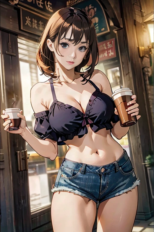 (masterpiece, Best Quality, ultra-detailed, high resolution, extremely detailed CG, official art, Professional Lighting, Perfect Anatomy, anime colors), (from below), looking at viewer, cowboy shot, perfect body, 24yo beautiful 1girl, medium hips, glamorous body,a small face,beautiful-makeup,Makeup light,Shortcut Hair,dark brown hair、Bust b Cup, Amazing Cleavage, thin waist, big ass, Raised sexy, big breast: 1.2 posed cleavage:1.2, (off shoulders,Sportsbra,legginullnude), micro denim shorts, bare legs, nail_polish, pale skin, Waiting friend, (morning:1.5), tokyo, (convenience store:1.3), outdoor, (depth of field:1.3), contrapposto, (Hold a coffee in your hand:1.3),delicate beautiful face, Bright magenta eyes, cute eyes, sparkling eyes, Big eyes, (big breasts:1.3), (perky chest:1.1), (pointed chest:1.3), looking at viewer,
