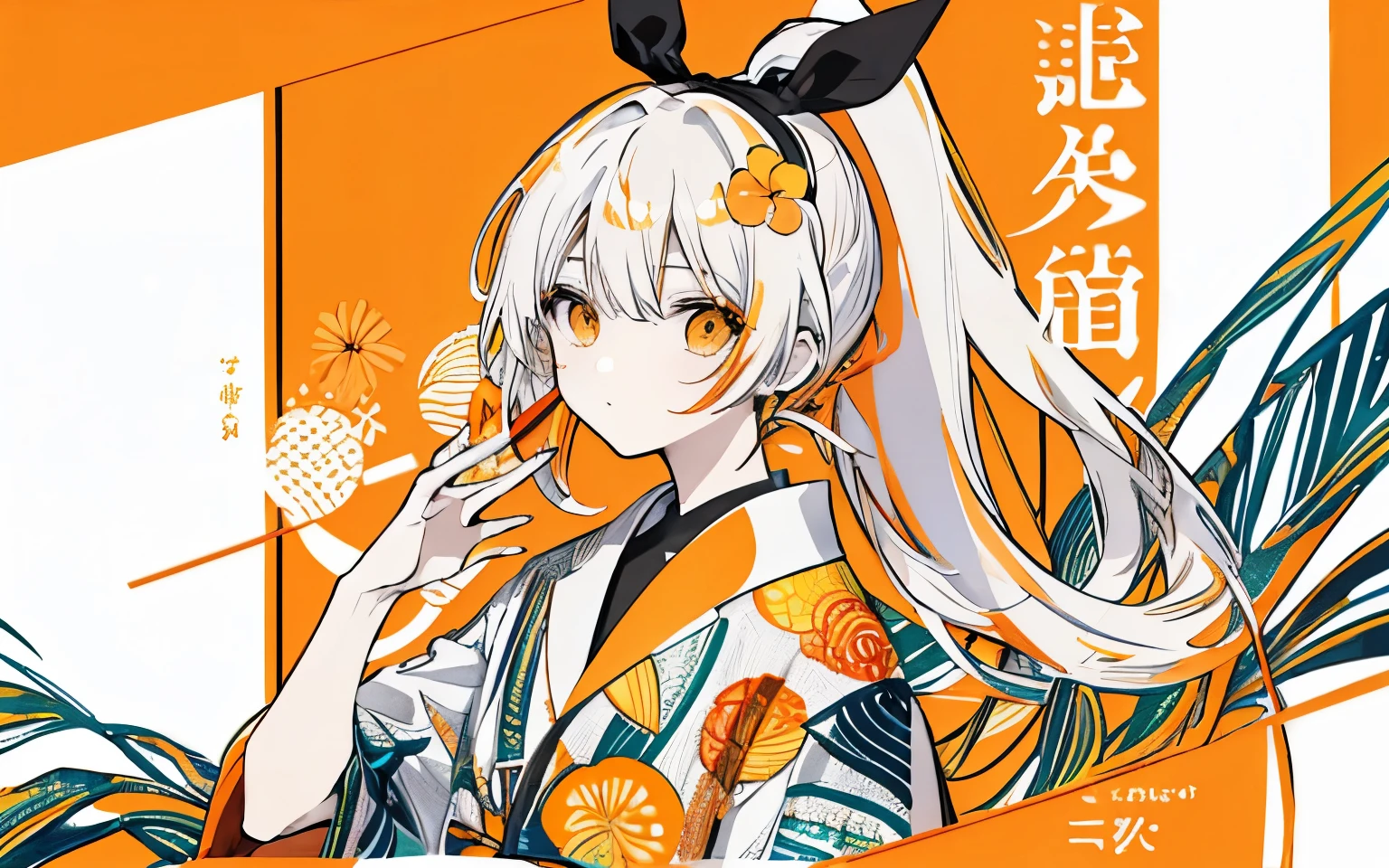 White Wavy Hair、ponytail、orange colorの目、Clear face、Orange hibiscus aloha shirt、Hawaii、stylish illustrations、Stylish composition、turn around、Black rabbit ribbon、Dot、quilting art、combination、Circle and triangle pieces、orange color、yellow、Black、Shading is clear、Handwriting、High quality、Pop Art、Official Art、Streetscape、Front page of the magazine