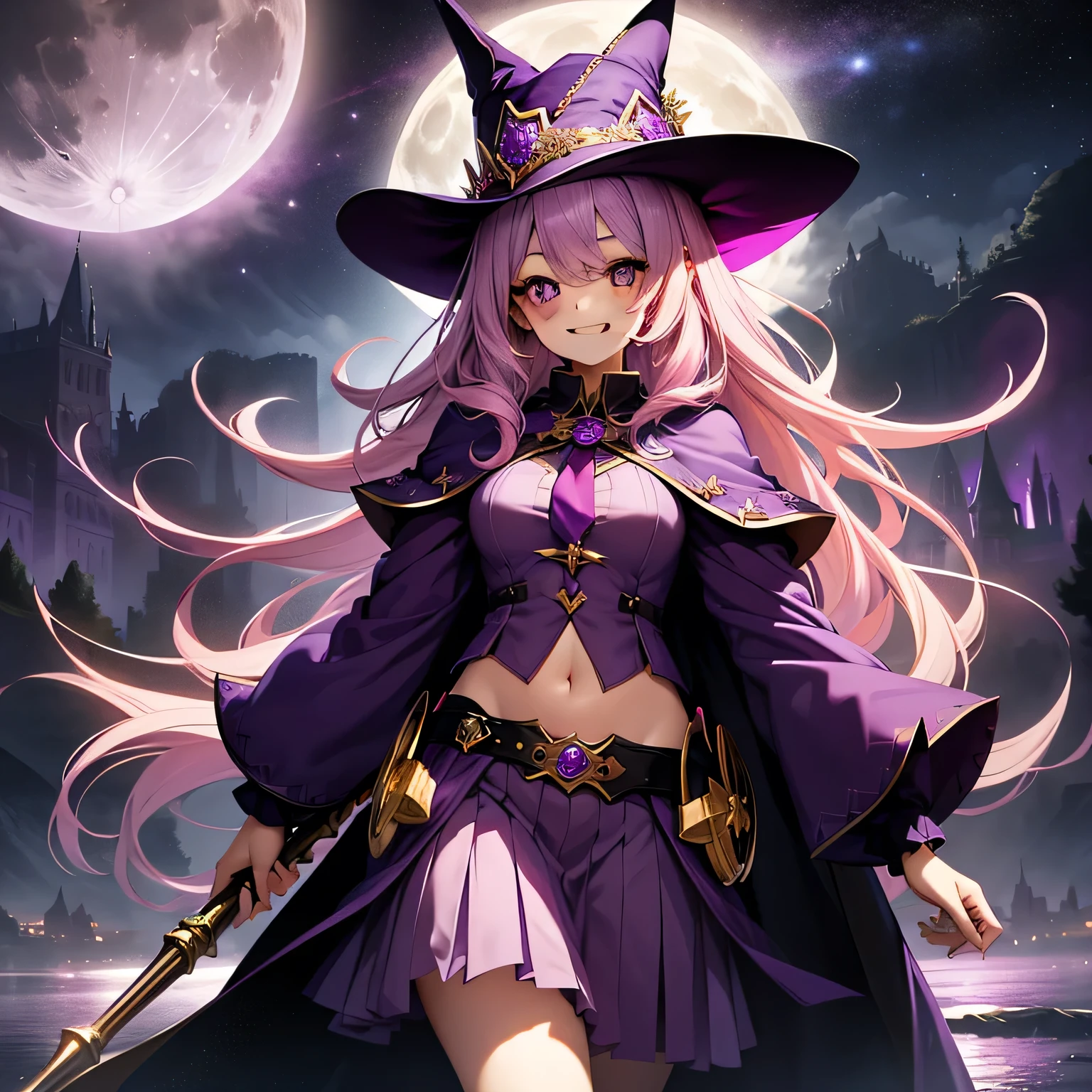 top-quality、extremely delicate and beautiful、(A )、Purple Eye、Pink hair、long-haired、(purple witch hat)、Purple tie、Soio、shortsleeves、Purple skirt、Purple Wizard Robe、Navel、 standing、Full moon night on background, gold shining long staff, magical, wide grin, released a powerful magic