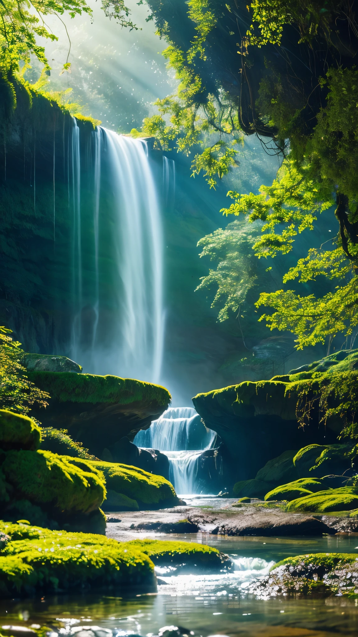a breathtaking waterfall, lush green foliage, cascading water, rocky cliff, mist and fog, sunbeams, serene pond, colorful wildflowers, mossy stones, long exposure, cinematic lighting, dramatic shadows, atmospheric haze, detailed textures, photorealistic, masterpiece, 8k, ultra-detailed