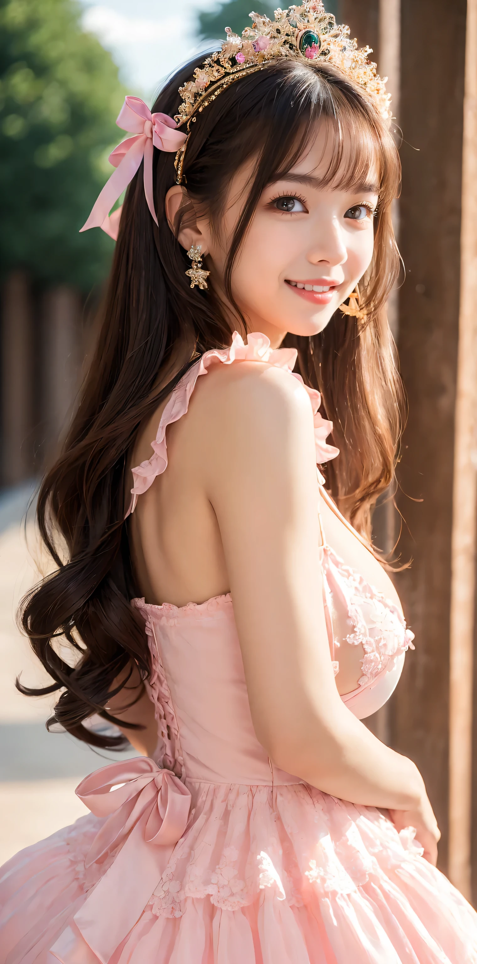 Ulzzang-6500-v1.1, (RAW Photos:1.2), (Photorealistic), (Pieces fly), (Genuine:1.4), 1With a girl、1 cute ta princess、(alone:1.1)、(1 photo:1.1)、(Girly and cute luxury light pink lolirincess dress:1.2)、(Cute big ribbon on the chest:1.1)、(The most extravagant and luxurious giant princess tiara:1.1)、(Huge Jewelry:1.1)、(The most luxurious and finest giant princess jewelry necklace:1.1)、(A top-notch Lolita pess dress with intricate jewelry details:1.2)、(Very intricate and detailed lace decoration:1.1)、(A very intricate and elaborately decorated dress:1.1)、(The most extravagant Lolita princdress with cute frills and ribbons:1.1)、(The most gorgeous Lolita princess s with lovely lace decoration:1.1)、(Cute girly lolita wavy hair:1.1hort:1.1)、(height: 148cm:1.1)、(Very large face and larger breasts:1.85)、Lots of cute frills、Accentuate your body lines、Slender body、Standing Elegantly、(Beautiful and luxurious palace entrance background:1.2)、(very bright and vivid:1.1)、(Bright and shiny dress:1.2)、Standing Elegantly Girl、Accurate anatomy、Perfect Makeup、Long eyelashes、Glossy lips、Ultra HD glossy skin、(Ultra-high resolution, bright and beautiful skin:1.3)、Ultra-high definition glossy lips、Ultra-high resolution beautiful teeth、Ultra HD beautiful light brown hair、(Body facing forward:1.1)、(Front view:1.1)