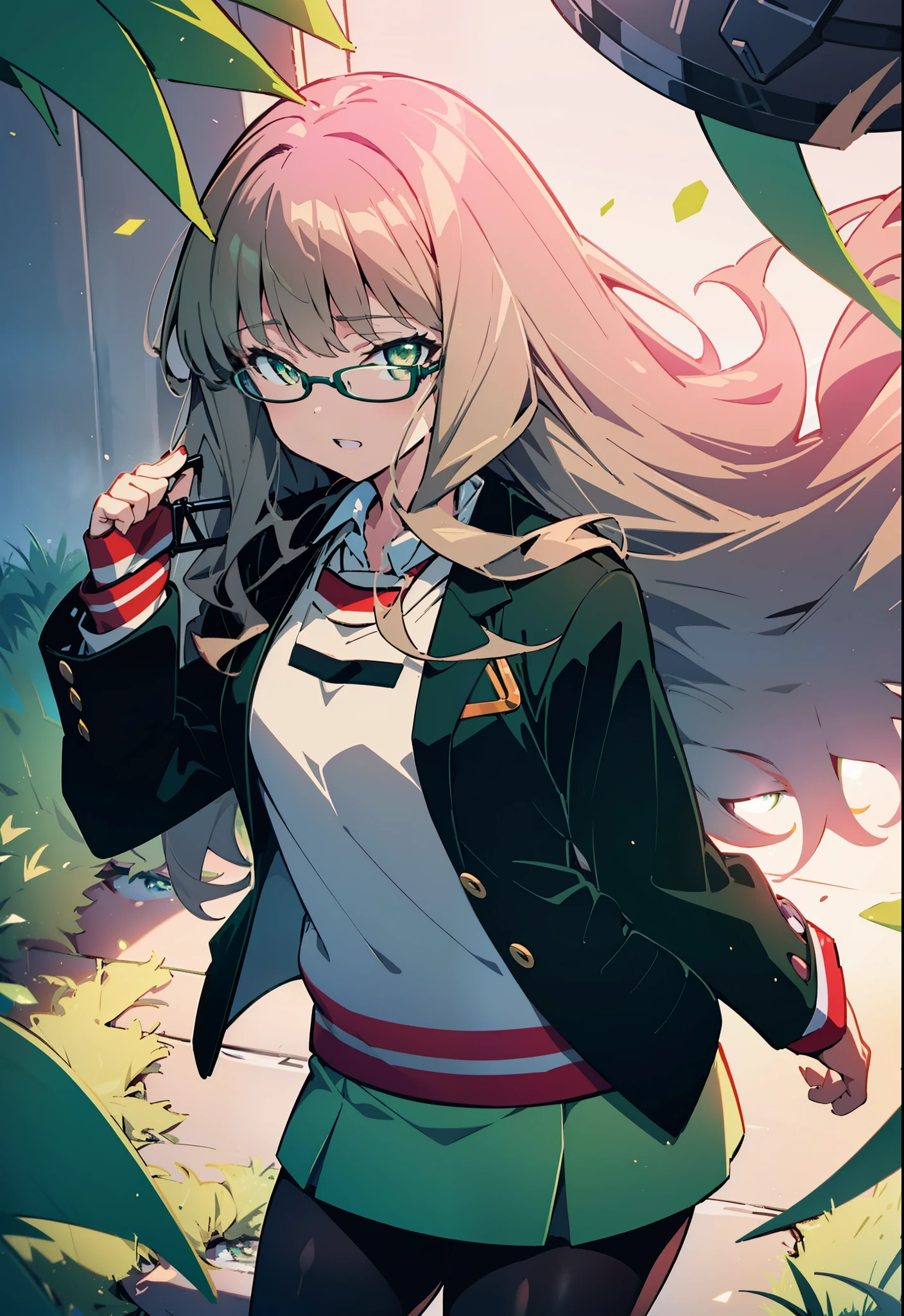 minami yume ,sss Dynazenon ,Long Hair, Brown Hair, (Green Eyes:1.5) ,Mid-chest,hair band,happy smile, smile, Open your mouth,OL, Black-rimmed glasses, end, Black suit jacket, Collared jacket, White dress shirt, Collared shirt, Neckline, button,  Black pencil skirt, Black Pantyhose,Stiletto heels,morning,morning陽,The sun is rising,As if your whole body is in the illustration,
break looking at viewer, (Cowboy Shot:1. 5)
break outdoors, city,construction area,
break (masterpiece:1.2), highest quality, High resolution, unity 8k wallpaper, (shape:0.8), (Fine and beautiful eyes:1.6), Highly detailed face, Perfect lighting, Highly detailed CG, (Perfect hands, Perfect Anatomy),