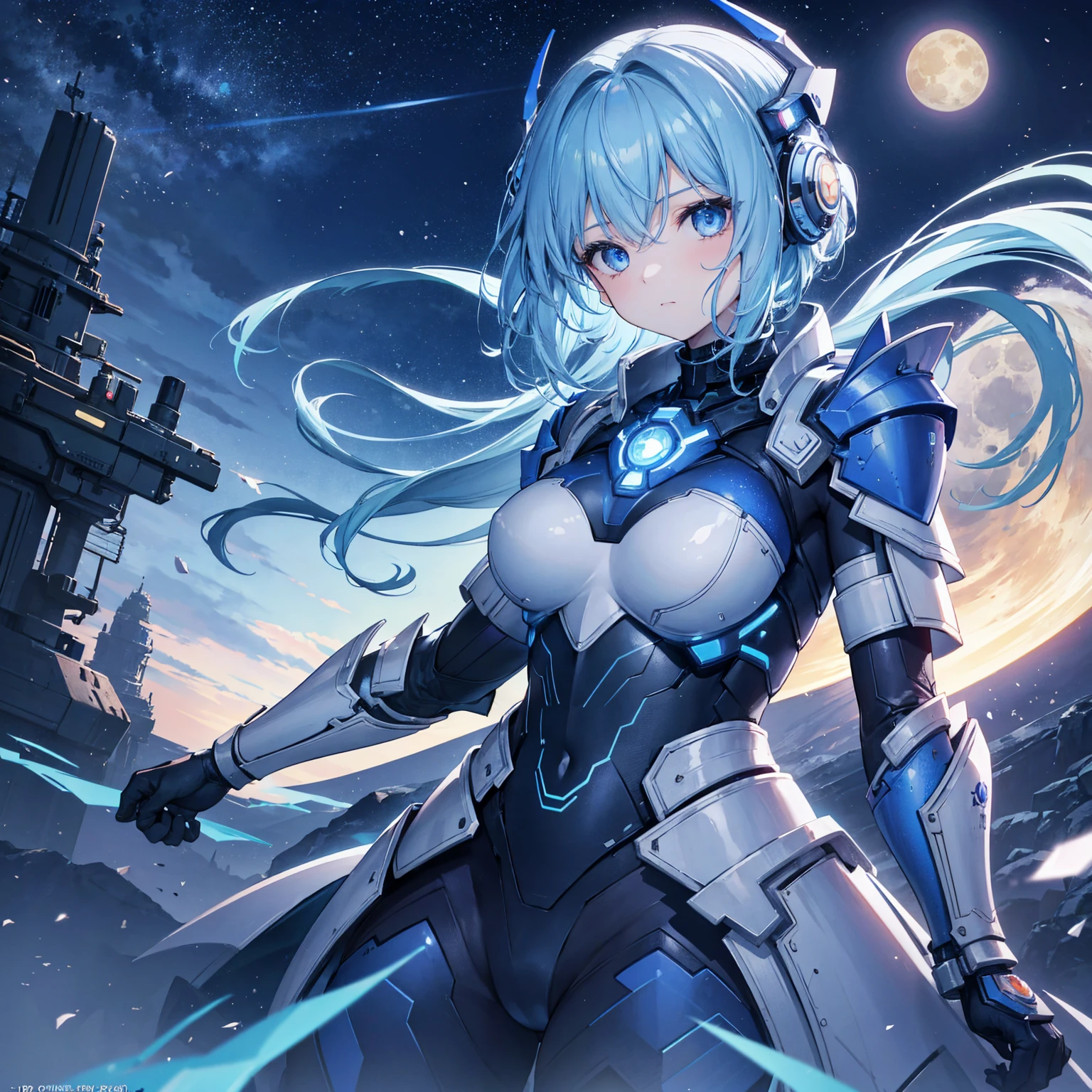 8k, highest quality, (real:1.4), Original photo, 1 girl, Asari Hair, Biological Amplifier, refined armor, posture: Peace talks between warring factions, smart blue eyes,Big moon in the background
