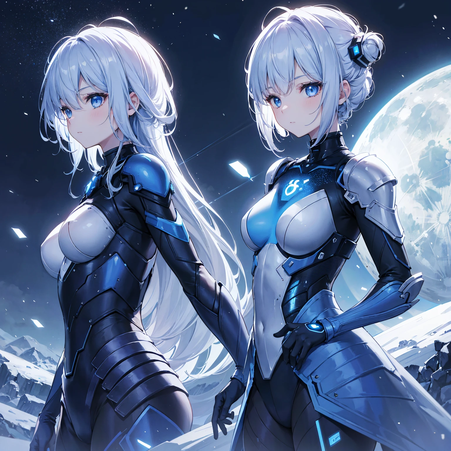 8k, highest quality, (real:1.4), Original photo, 1 girl, Asari Hair, Biological Amplifier, refined armor, posture: Peace talks between warring factions, smart blue eyes,Big moon in the background