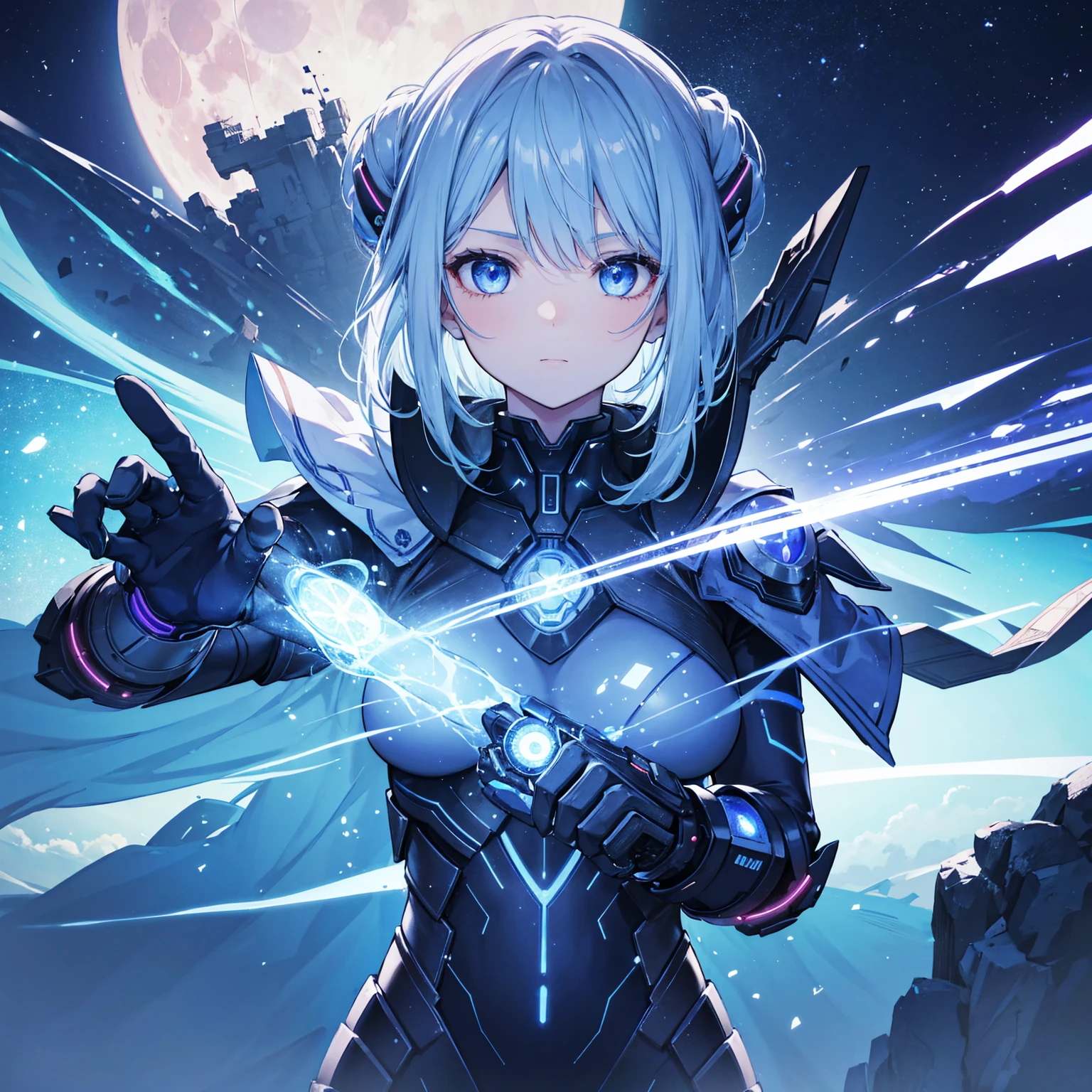 8k, highest quality, (real:1.4), Original photo, 1 girl, Asari Hair, Biological Amplifier, refined armor, posture: Peace talks between warring factions, smart blue eyes,Big moon in the background
