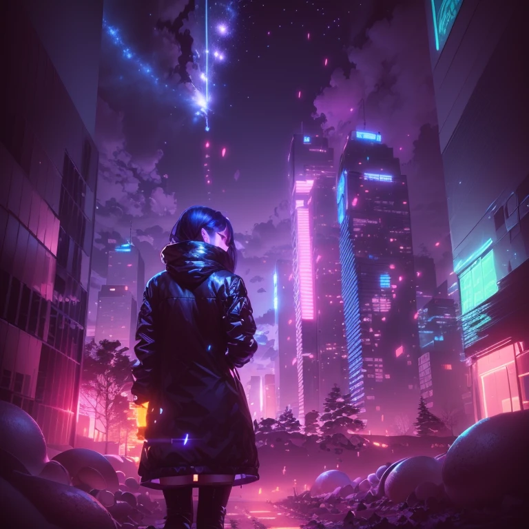Anime scene of a woman in a city with stars shining in the night sky, cinematic beeple, A masterpiece by artgem and beeple, In front of a SF cityscape, 3D rendering beeple, In a futuristic cyberpunk city, Beeple Style, Inspired by Beeple, Beeple Style, Beeple rendering