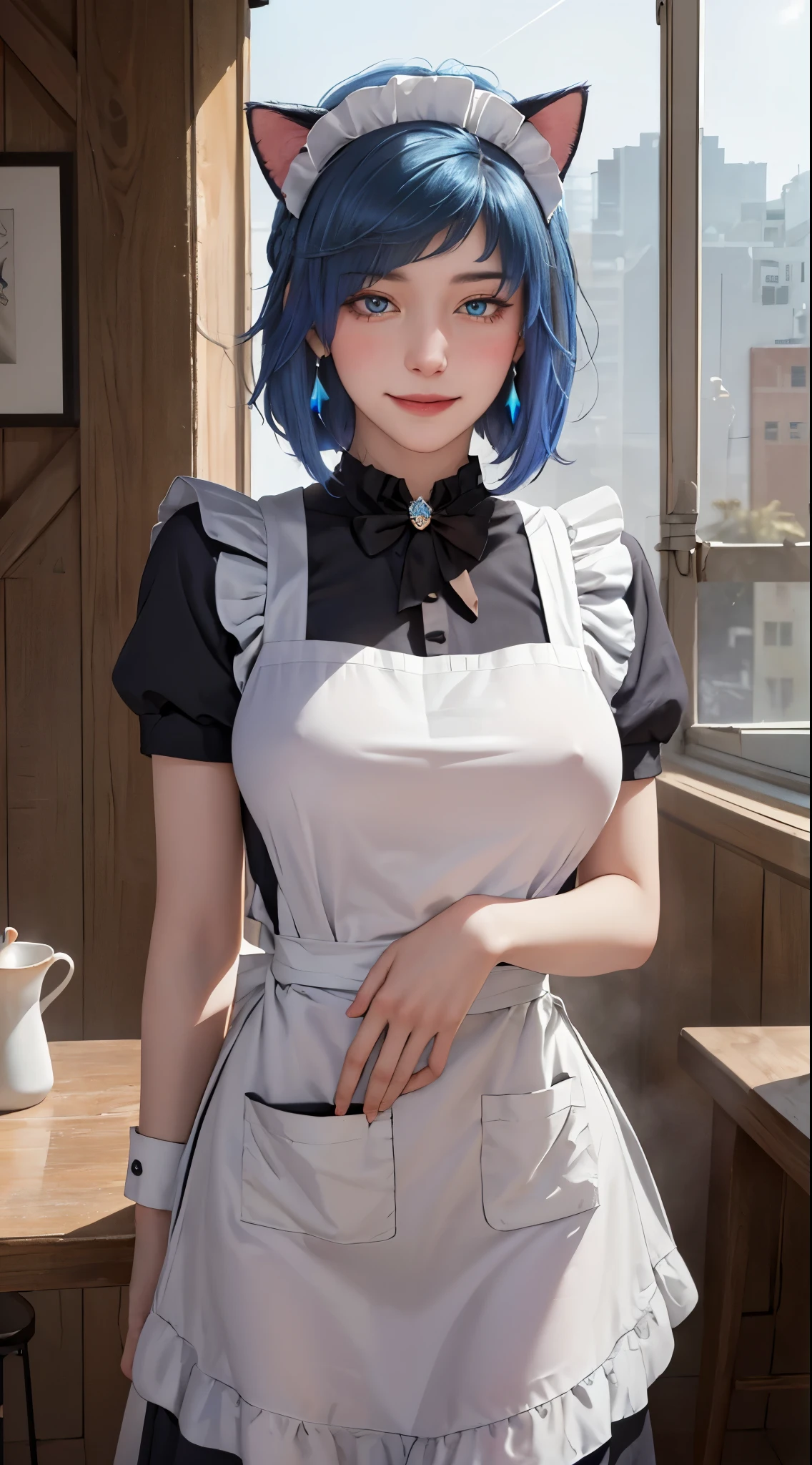 ((((masterpiece, best quality, high resolution)))), Extremely detailed 8K, Beautiful girl with voluptuous body, (Ultra HD, Ultra-detailed, Highly detailed, Highly realistic, Ultra-realistic, photograph realistic), (1girl:1.5), (Realistic blue hair), (short wavy hair, hair ornaments, earrings), (dynamic poses), facing at camera, looking at viewer, (blushing red, embarrassed, smile), (blue eyes, sharp eyes), (big perky breasts:1.2), (beautiful detailed face, beautiful detailed eyes), ((maid outfit, maid apron, cat ears headband)), (detail pussy), (standing up), sweat, glow, (sunbeam, sunlight), ((portrait shot)), coffee shop, seductive