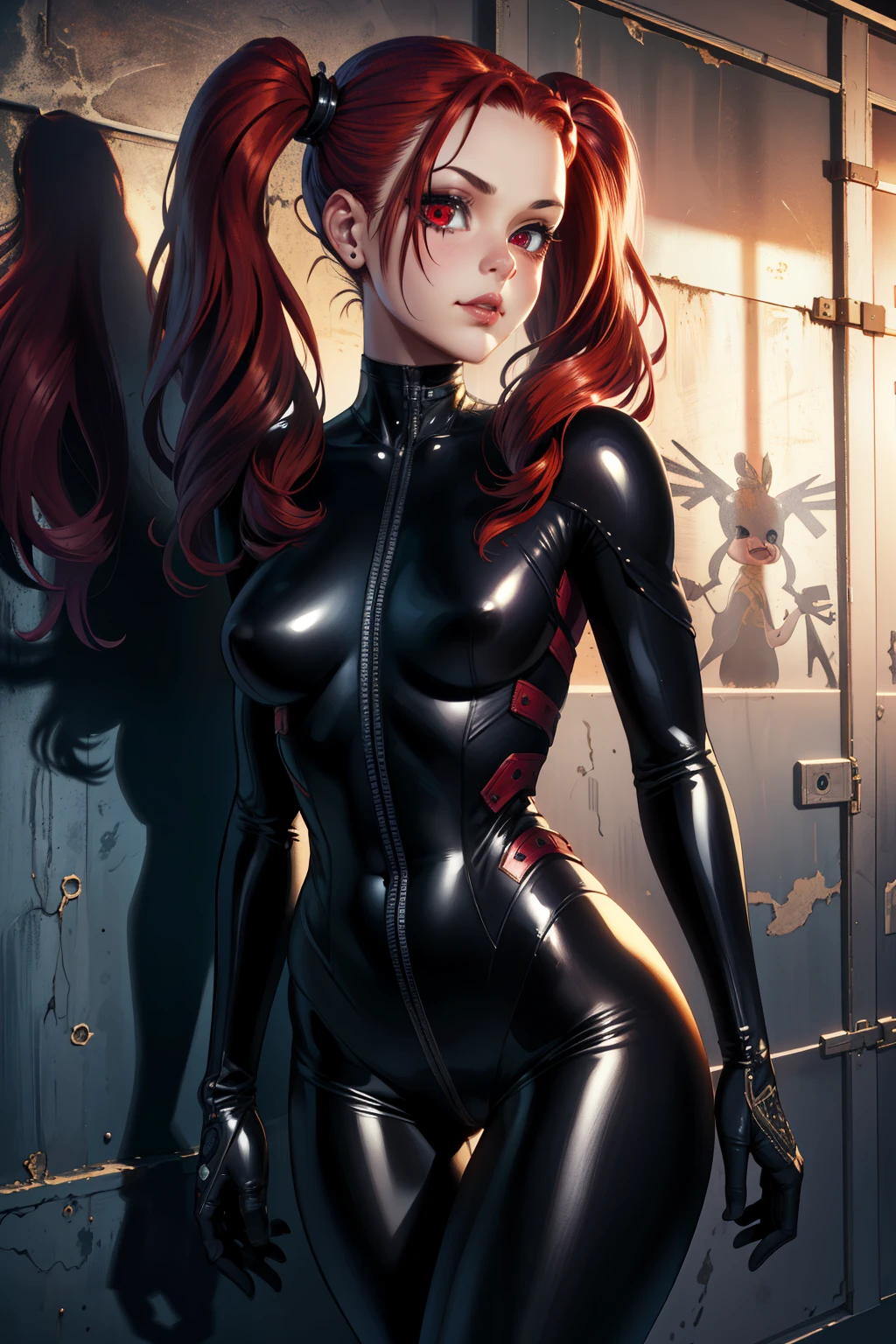 DollFace, Doll Mask, (extremely detailed CG unity 4k wallpaper),(masterpiece),(best quality),(ultra-detailed),(best illustration),(best shadow),(absurdres),(detailed background), Detailed face, Detailed hair, super detailed, Black skintight suit, Long Dirty red hair (Pig Tails), Dark Horror theme, Anime,
