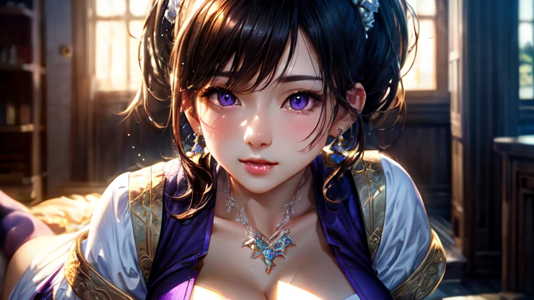((best quality)), ((masterpiece)), (detailed), Perfect face,Hanfu beauty, Thin purple silk shirt,White,Various textures, White蕾丝上衣, Platinum purple long ponytail, Hair accessories, earrings, Necklaces and necklaces, Carefully drawn large purple eyes, Detailed makeup, Thin eyebrows, high nose, Lovely red lips, No smile, purse lips, blush, broad mind, Large Breasts , Well-proportioned breasts, Slim waist, Purple fishnet socks, Chinese Hanfu style, Fictional art texture, Bright colors、Lifelike, original photo, Realistic photos, Ultra-high quality 8K hyper-realistic photos, (Effective fantasy lighting effects: 1.8), 10x pixel, Magic Effects (background): 1.8), super detailed eyes, Girl full body portrait, Solo Girl