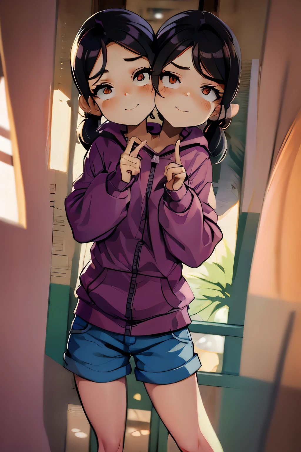 conjoined, 2heads, girl with two heads instead of one, 2head, cuerpo curvilineo, brazos curvilineos, usando shorts, ropa abrigada, piernas curvilineas, anime cartoon, using a purple hoodie, each head has a ponytail, anatomia proporcionada, torso ancho, pechos medianos, hands making the heart sign, sonriendo, sonrojadas