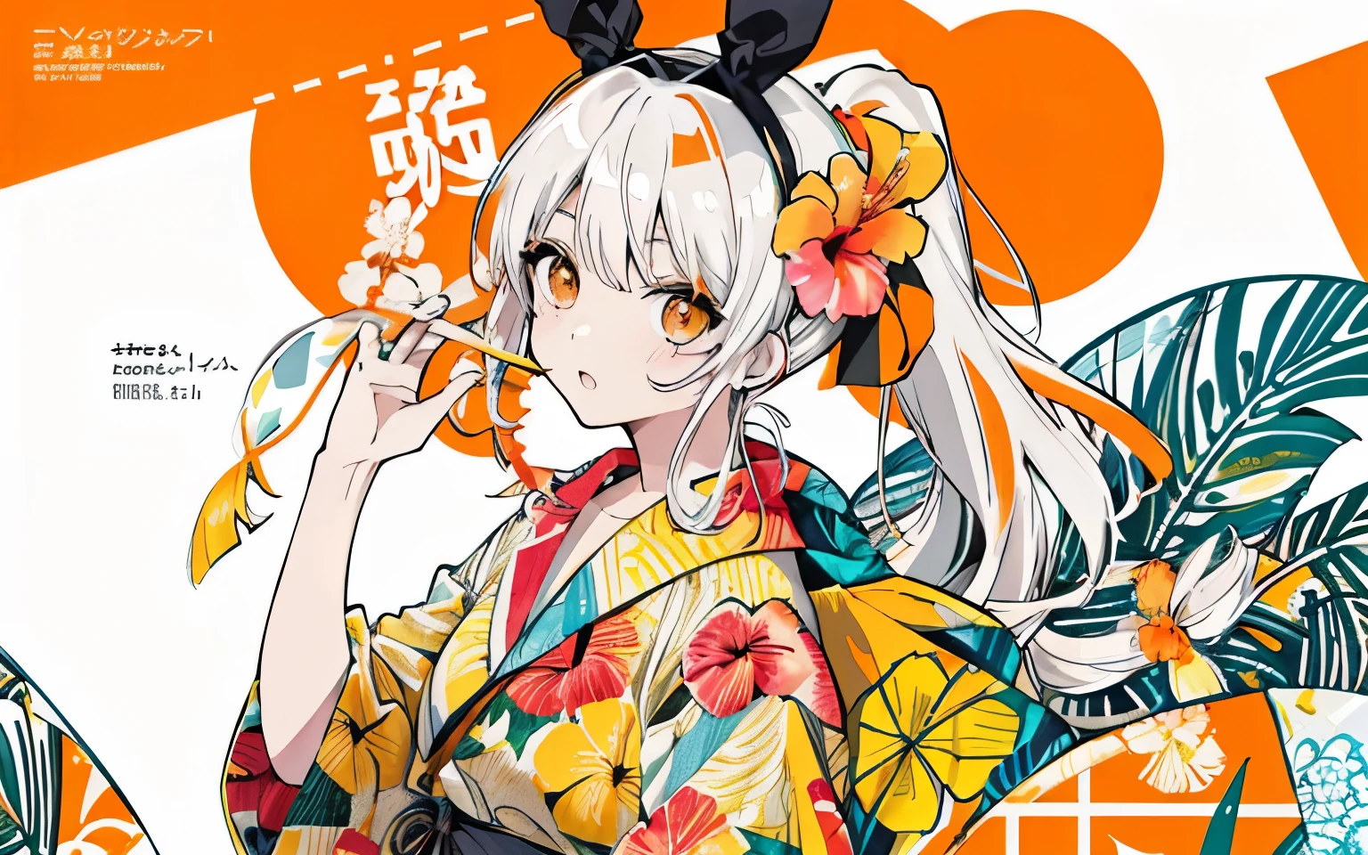 White Wavy Hair、ponytail、orange colorの目、Clear face、オレンジのハイビスカスのAloha Shirt、Hawaii、stylish illustrations、Stylish composition、turn around、Black rabbit ribbon、Dot、quilting art、combination、Circle and triangle pieces、orange color、yellow、Black、Shading is clear、Handwriting、High quality、Pop Art、Official Art、Streetscape、Front page of the magazine、Hibiscus hair accessory、Woohoo!、Festivals、Aloha Shirt