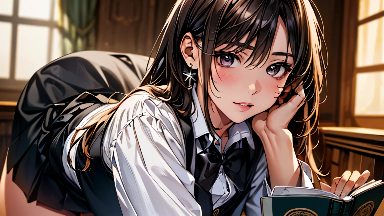 (masterpiece:1.3, highest quality, Ultra-high resolution, Very detailed), (Realistic, photoRealistic:1.4), Beautiful illustrations, Perfect lighting, Natural light, colorful, Written boundary depth,
Beautiful detailsまでこだわった髪, Beautifully detailed face, Beautiful details, Beautiful clavicle, Beautiful body, Beautiful breasts, Beautiful thighs, Beautiful legs, Beautiful fingers,
Show Viewer, (Face Focus, Upper Body), 1 girl, Japanese, high school girl, Perfect Face, (Perfect Anatomy, Anatomically correct), Cute and symmetrical face, , , Shiny skin,
(Long Hair:1.4, Straight hair:1.7, Light brown hair,), Long eyelashes, (Mid-chest:1.6, Tight ass, Captivating thighs), thin,
(((Long sleeve white shirt, black suit vest:1.4, black skinny mini skirt:1.4, Black bow tie, ), My thighs are shiny, Pink perspective, Very sexy, Total, Captivating thighs, Camel Toe)), Earrings,
(Beautiful views), office, Stubborn, Roll up the skirt yourself, , Reading a book,I have a book