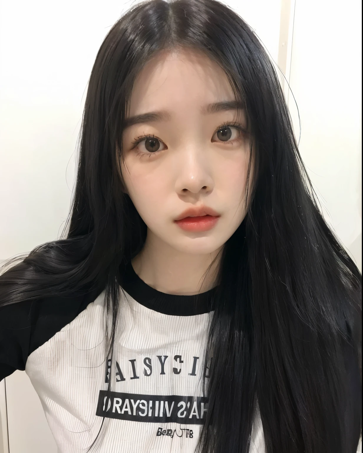 Close-up of a woman wearing a white shirt and long black hair, Best Face, korean, korean symmetrical face, Jaeyeon Nam, Korean facial features, Heonhwa Choi, Mulher sul-korean bonita, 귀엽고 사랑스러운 korean 얼굴, beautiful aesthetic face, 젊고 사랑스러운 korean 얼굴, Jenny Blackpink, Jinyoung Canella, White Bank Cabello Black