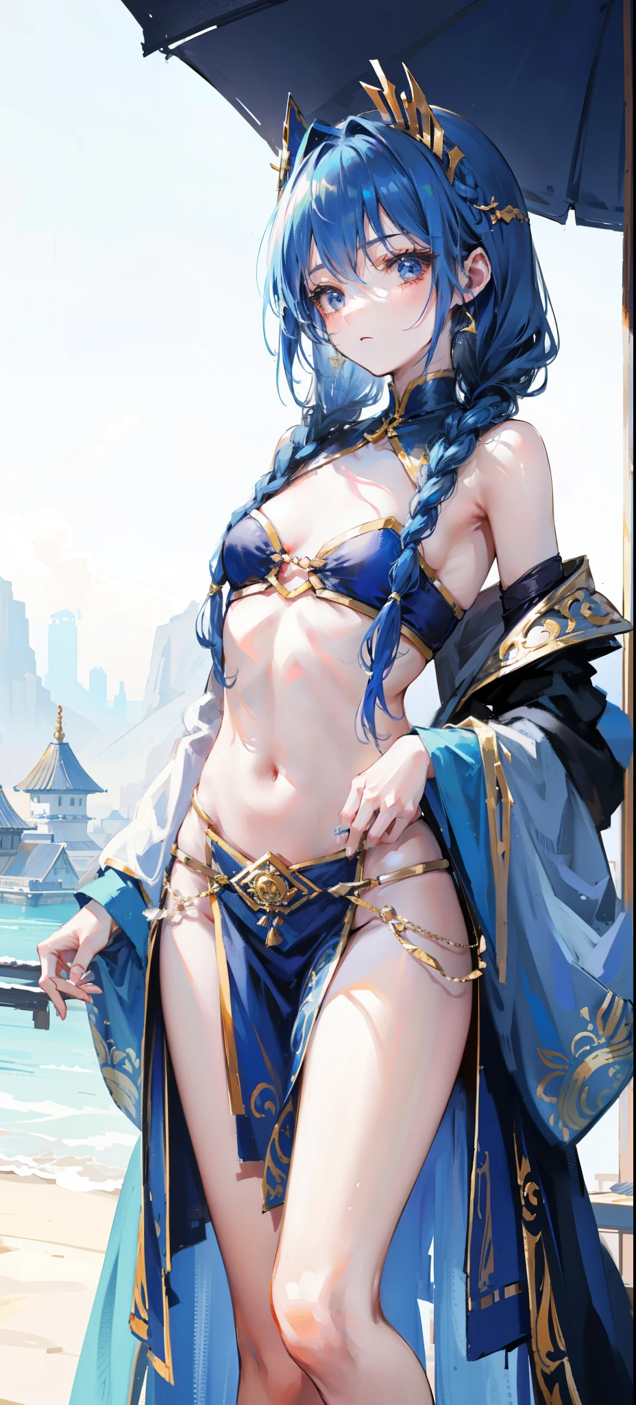 Blue long hair,Scorpion-tailed braids,Put on the clothes of the little dance of Douluo Continent,Is a beautiful and sweet girl Koser,(whole body)